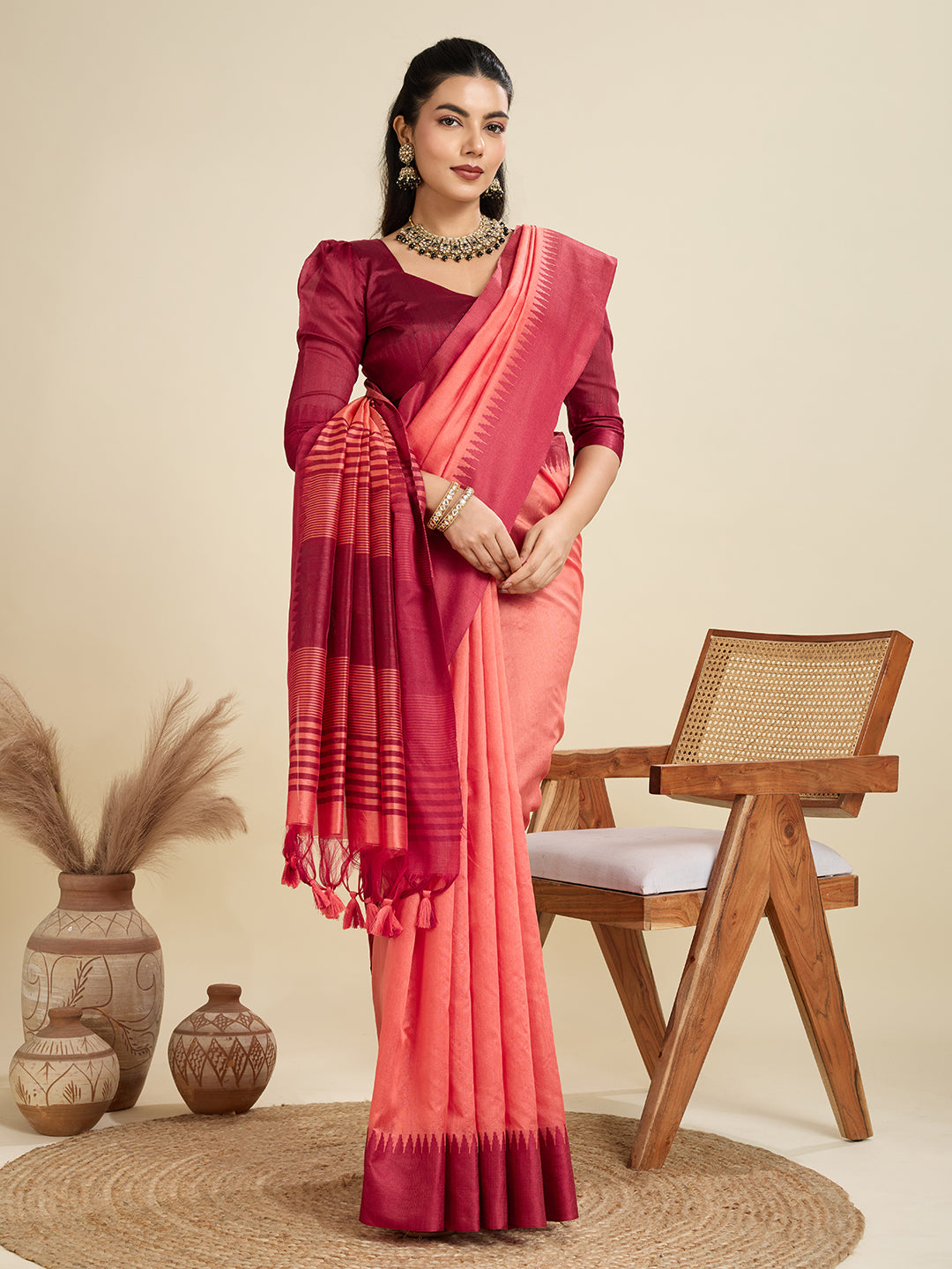 Exquisite Peach & Maroon Raw Silk Saree with Temple Border