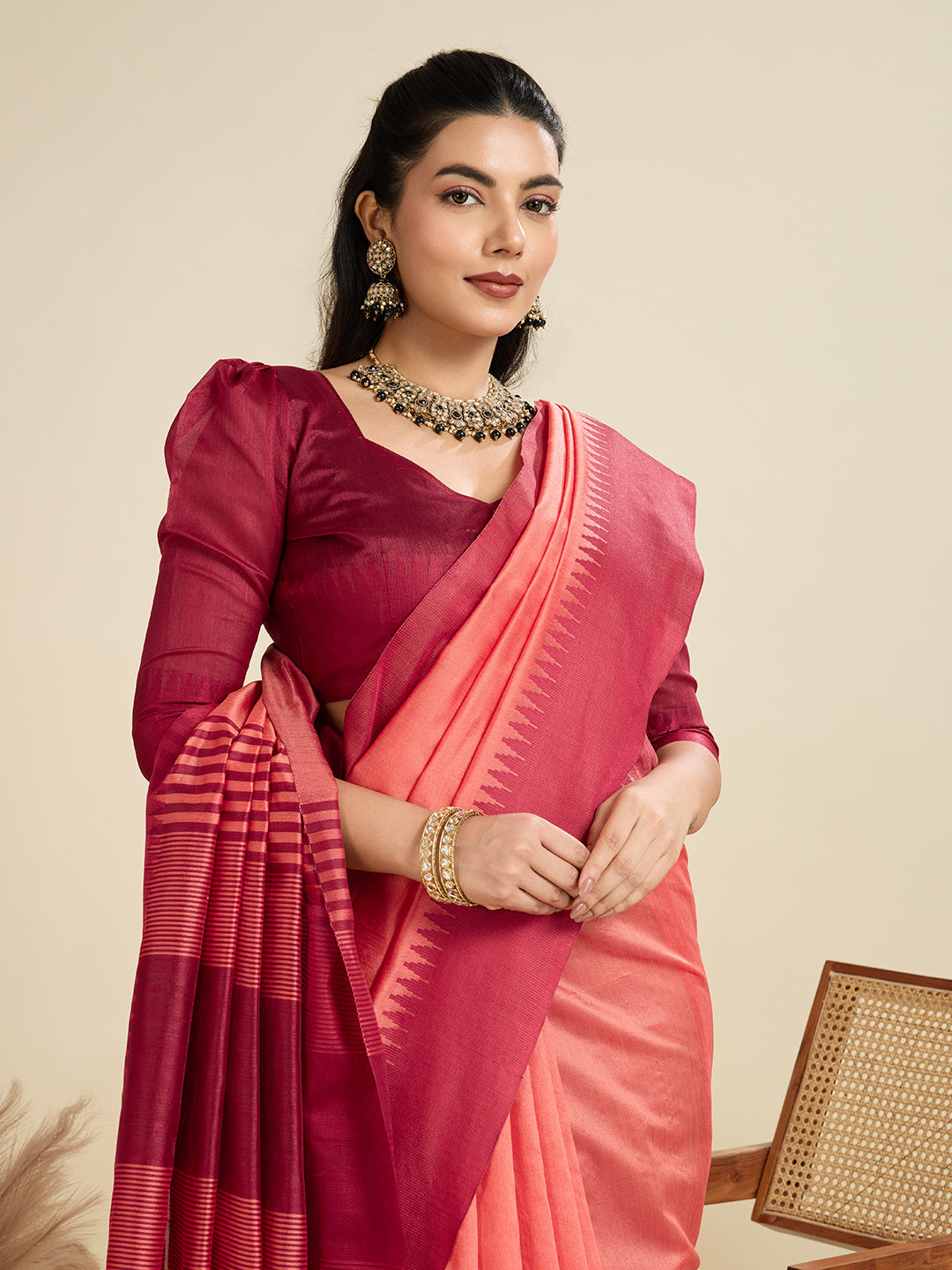 Exquisite Peach & Maroon Raw Silk Saree with Temple Border