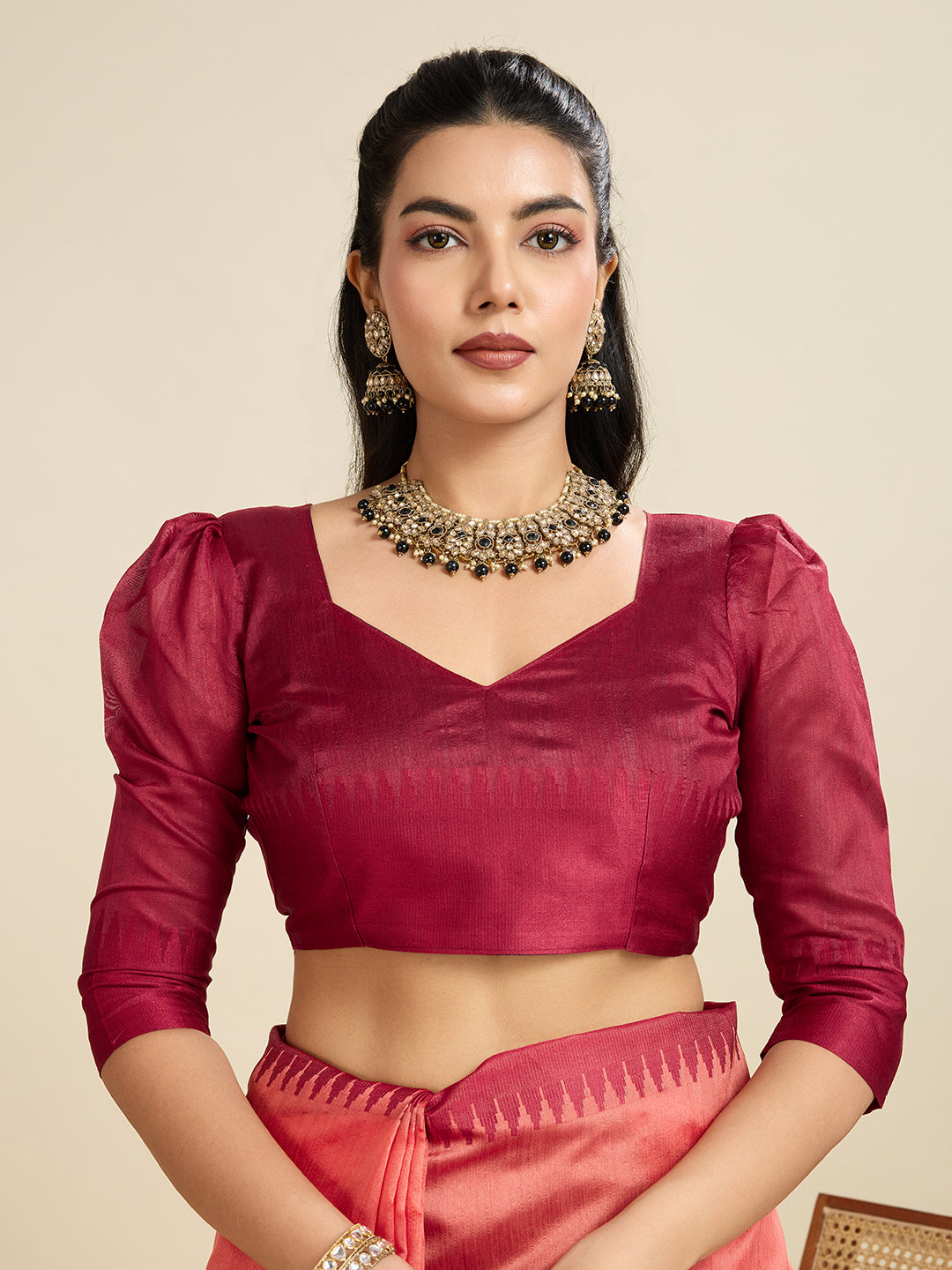 Exquisite Peach & Maroon Raw Silk Saree with Temple Border