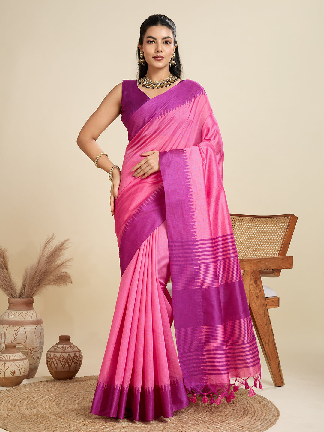 Pink Handcrafted Temple Zari Border Silk Blend Saree