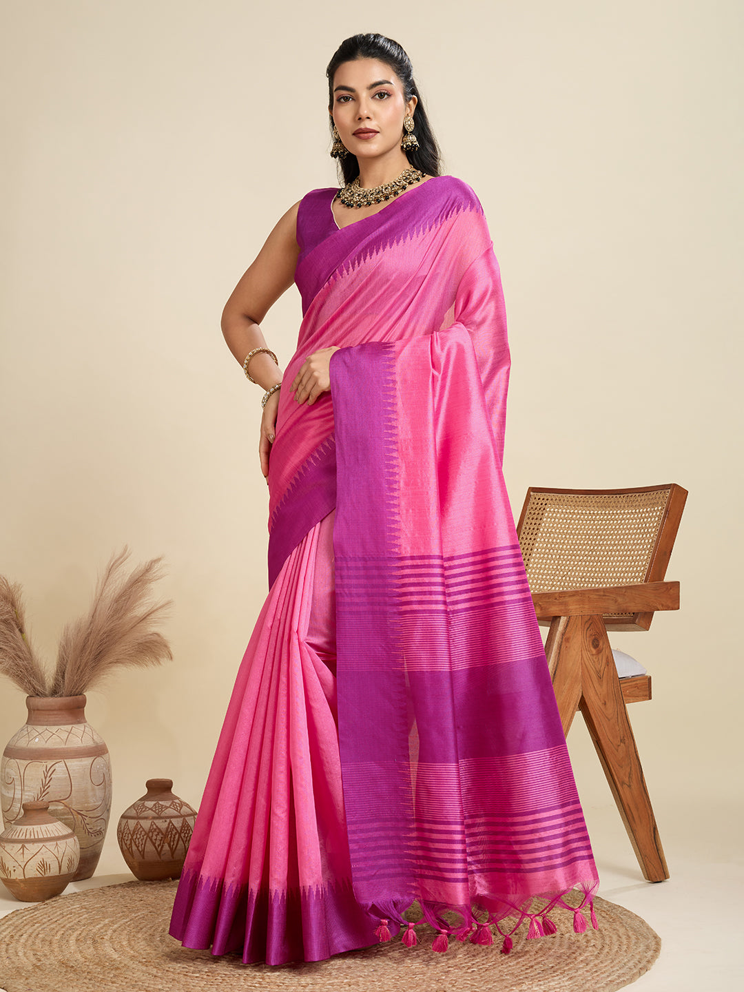 Pink Handcrafted Temple Zari Border Silk Blend Saree