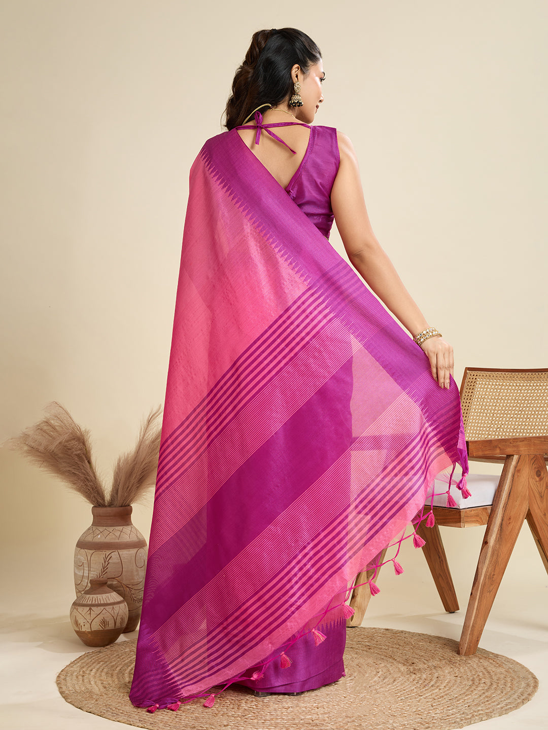 Pink Handcrafted Temple Zari Border Silk Blend Saree