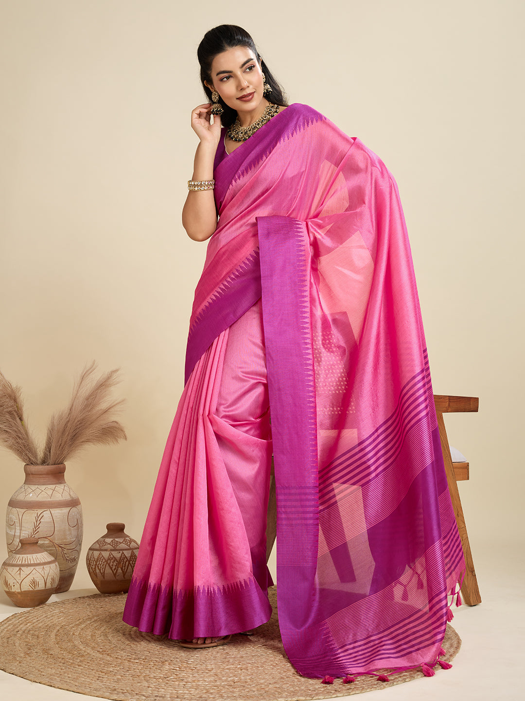 Pink Handcrafted Temple Zari Border Silk Blend Saree