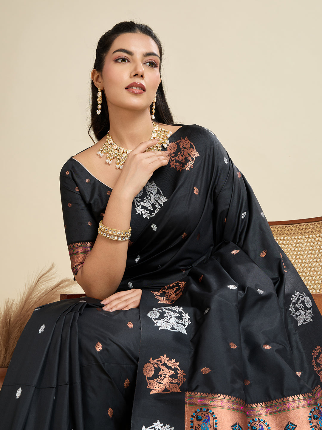 Black Banarasi Silk Saree with Zari Weaving & Paithani Pallu