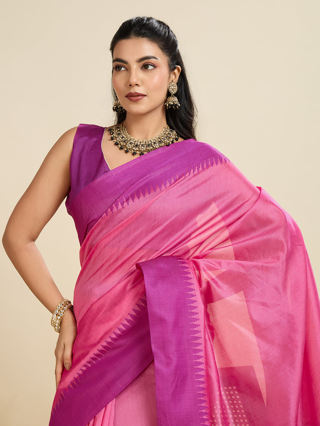 Pink Handcrafted Temple Zari Border Silk Blend Saree