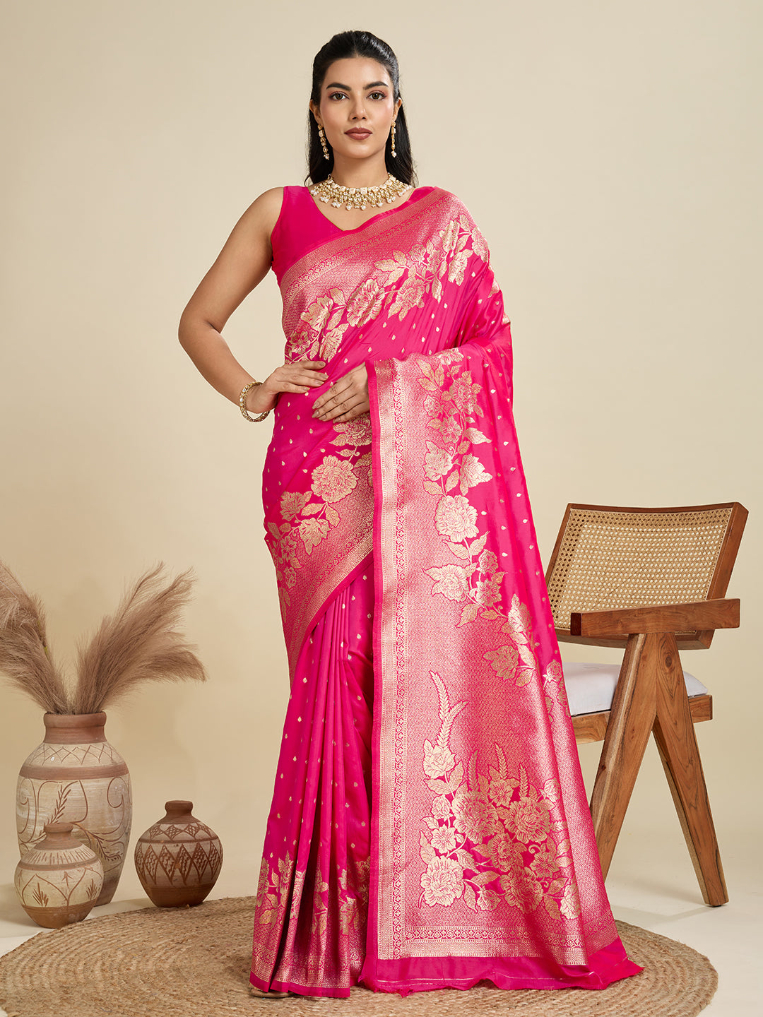 Rose Pink Kanjivaram Silk Woven Contemporary Saree