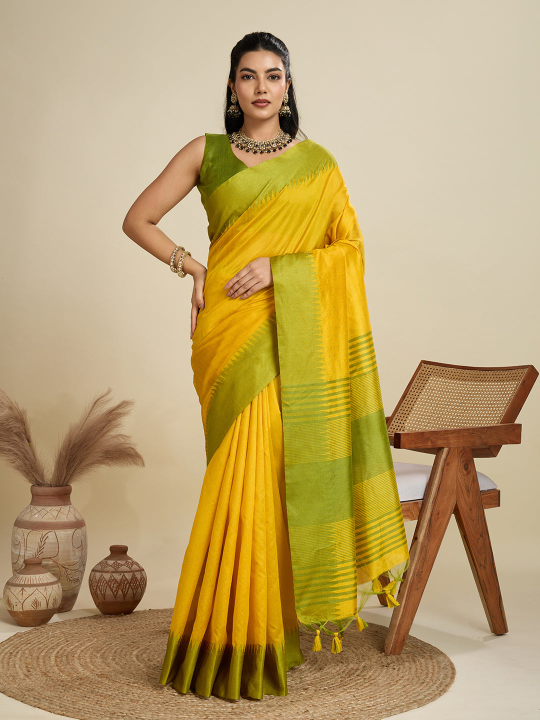 Canary Yellow Raw Silk Saree with Contrast Temple Border