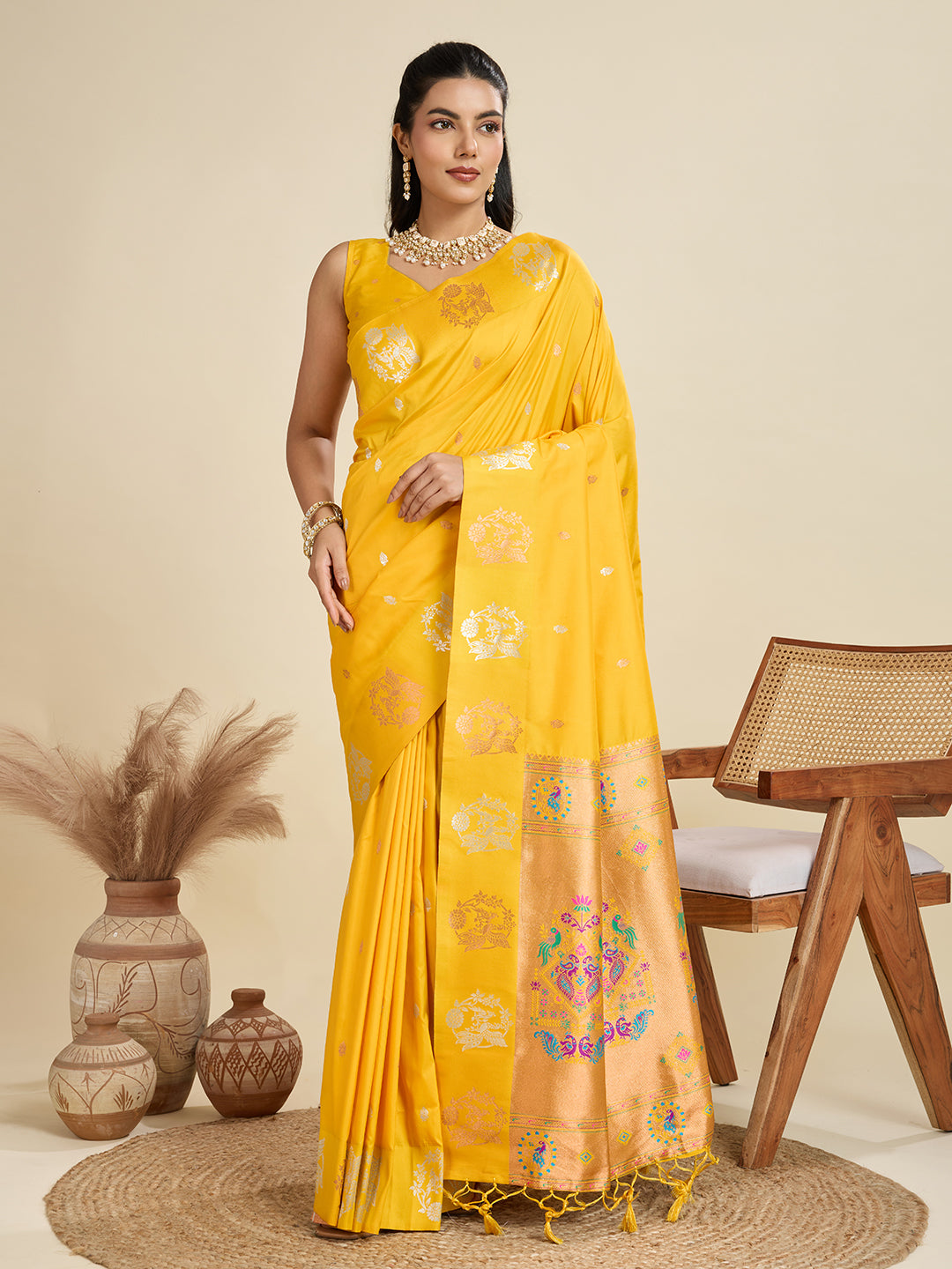 Vibrant Yellow Banarasi Silk Saree with Zari Weaving