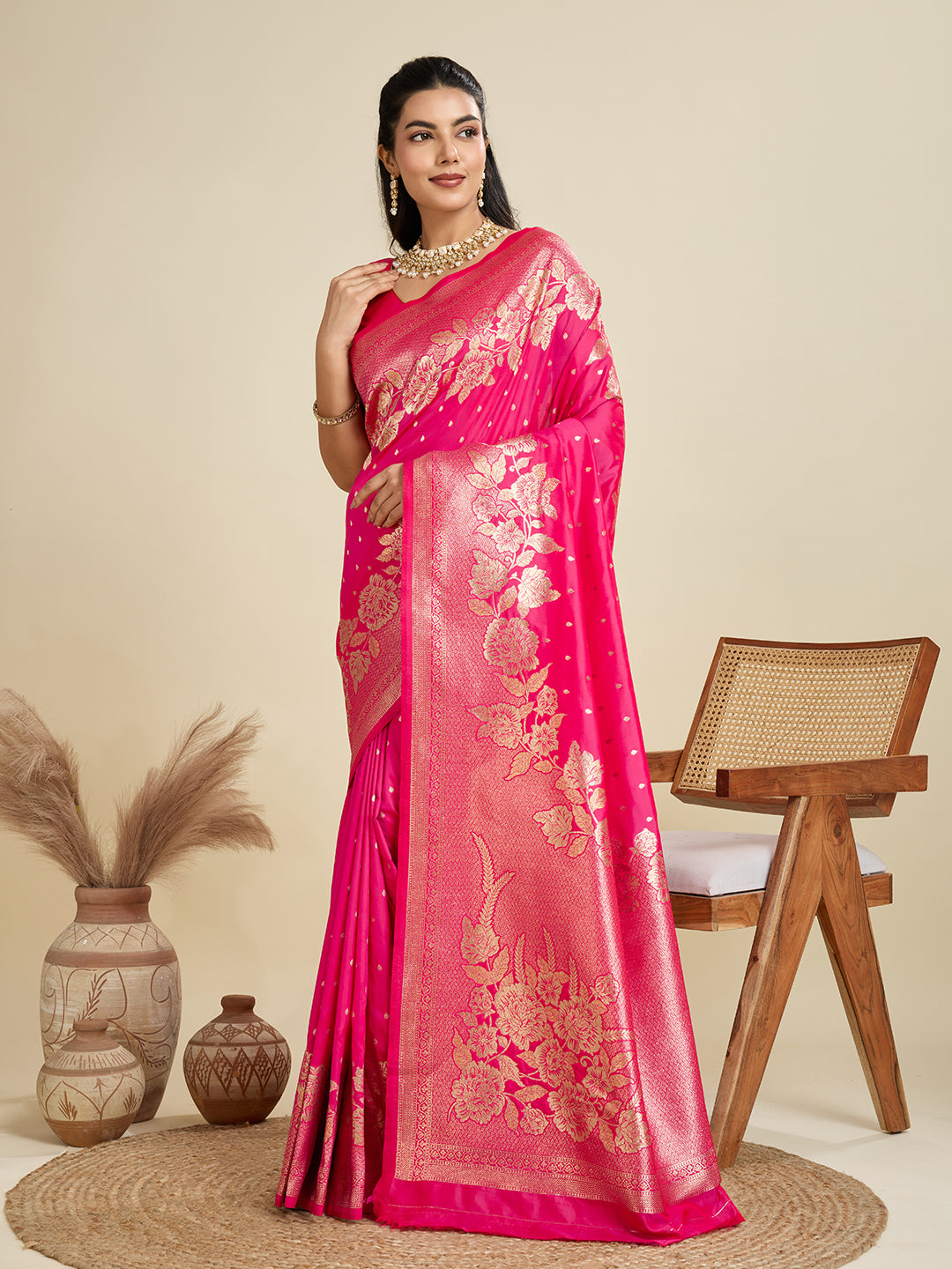 Rose Pink Kanjivaram Silk Woven Contemporary Saree
