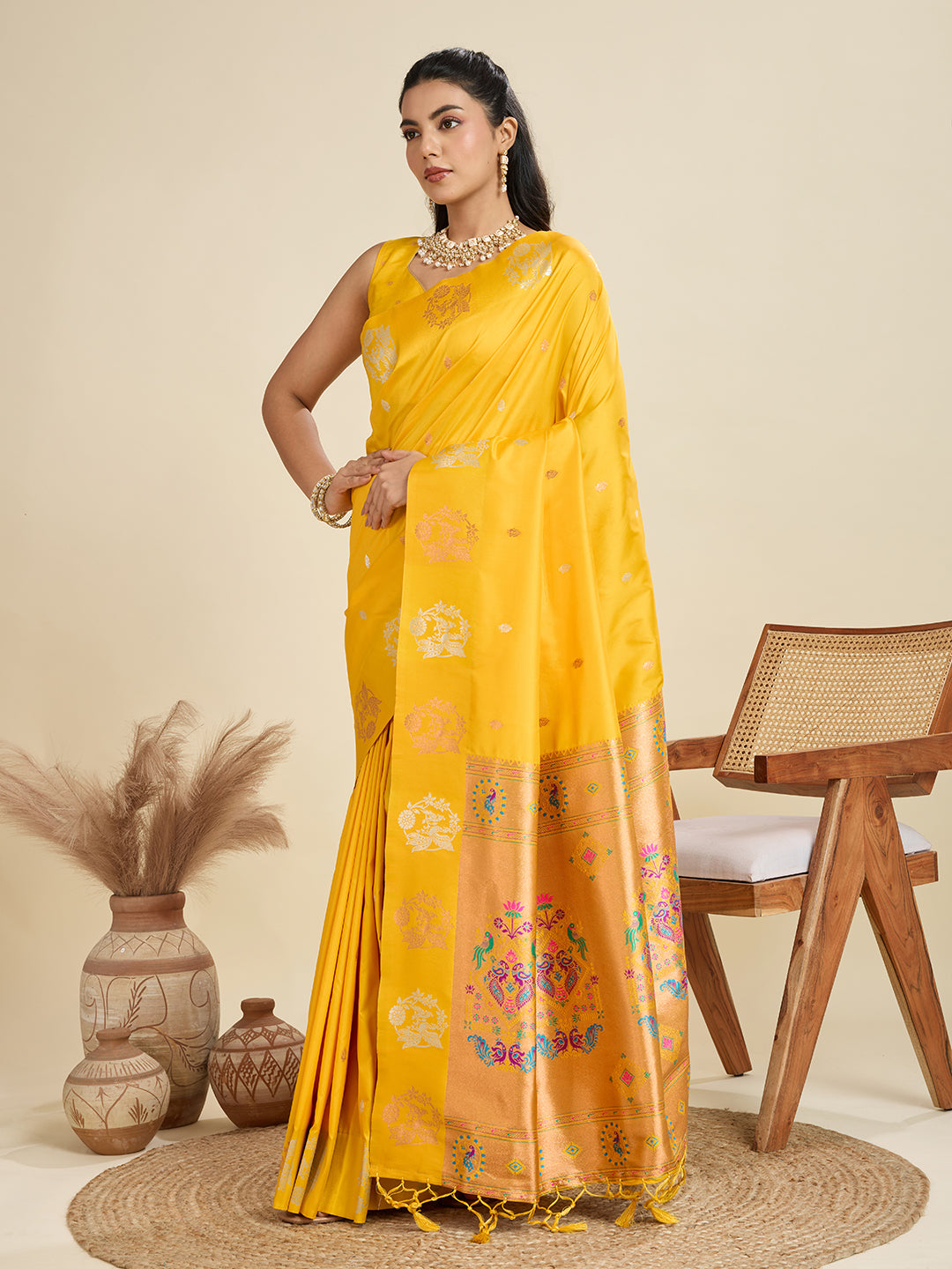 Vibrant Yellow Banarasi Silk Saree with Zari Weaving