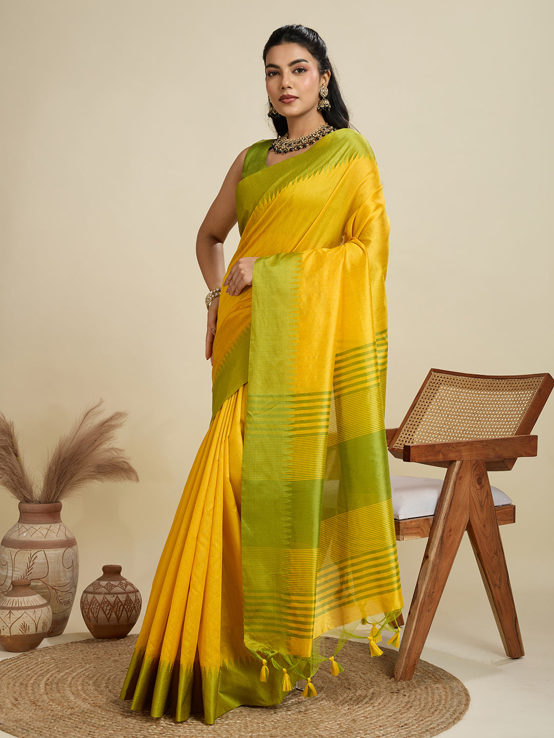 Canary Yellow Raw Silk Saree with Contrast Temple Border