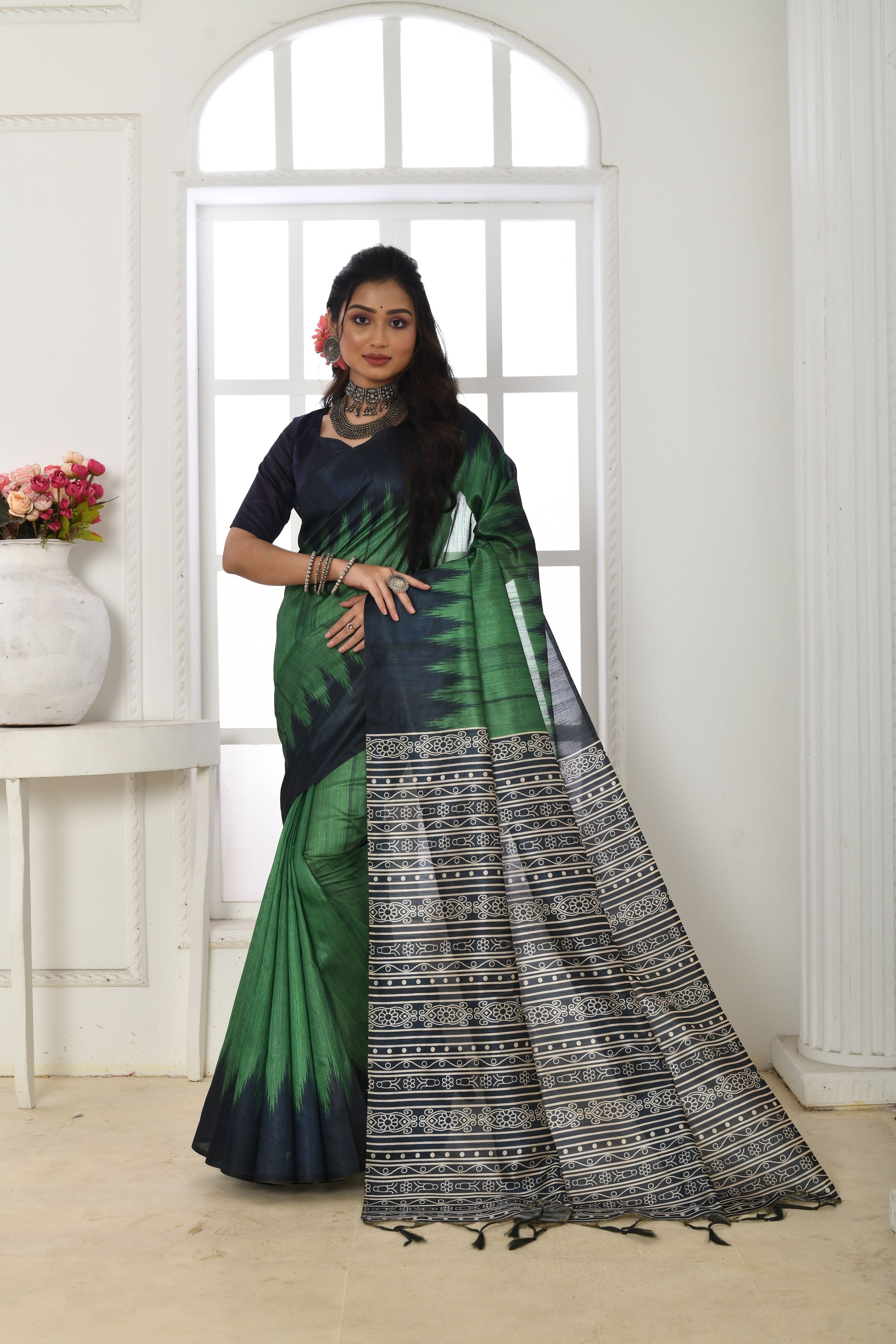 Soft Tussar silk saree with printed temple border