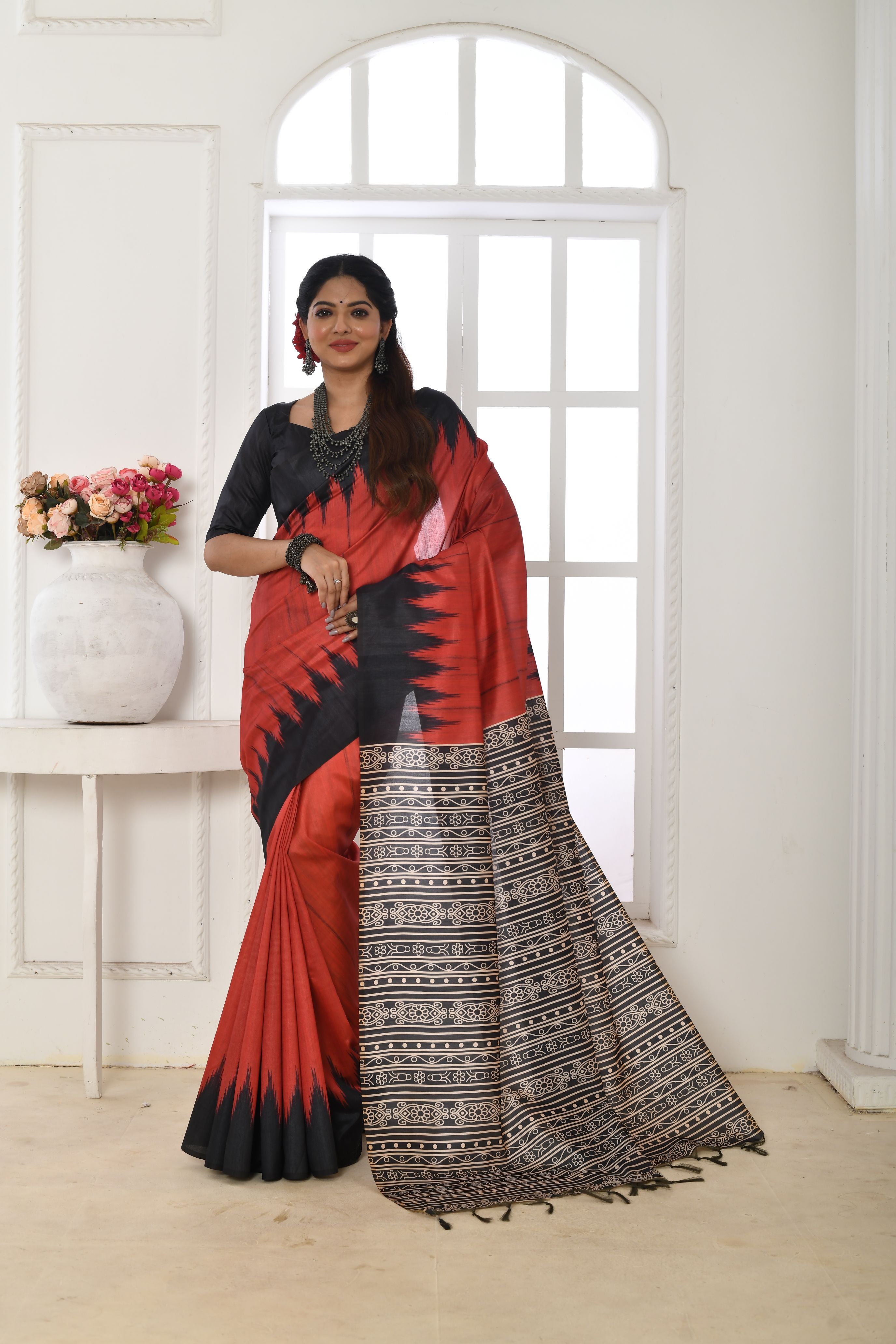 Soft Tussar silk saree with printed temple border