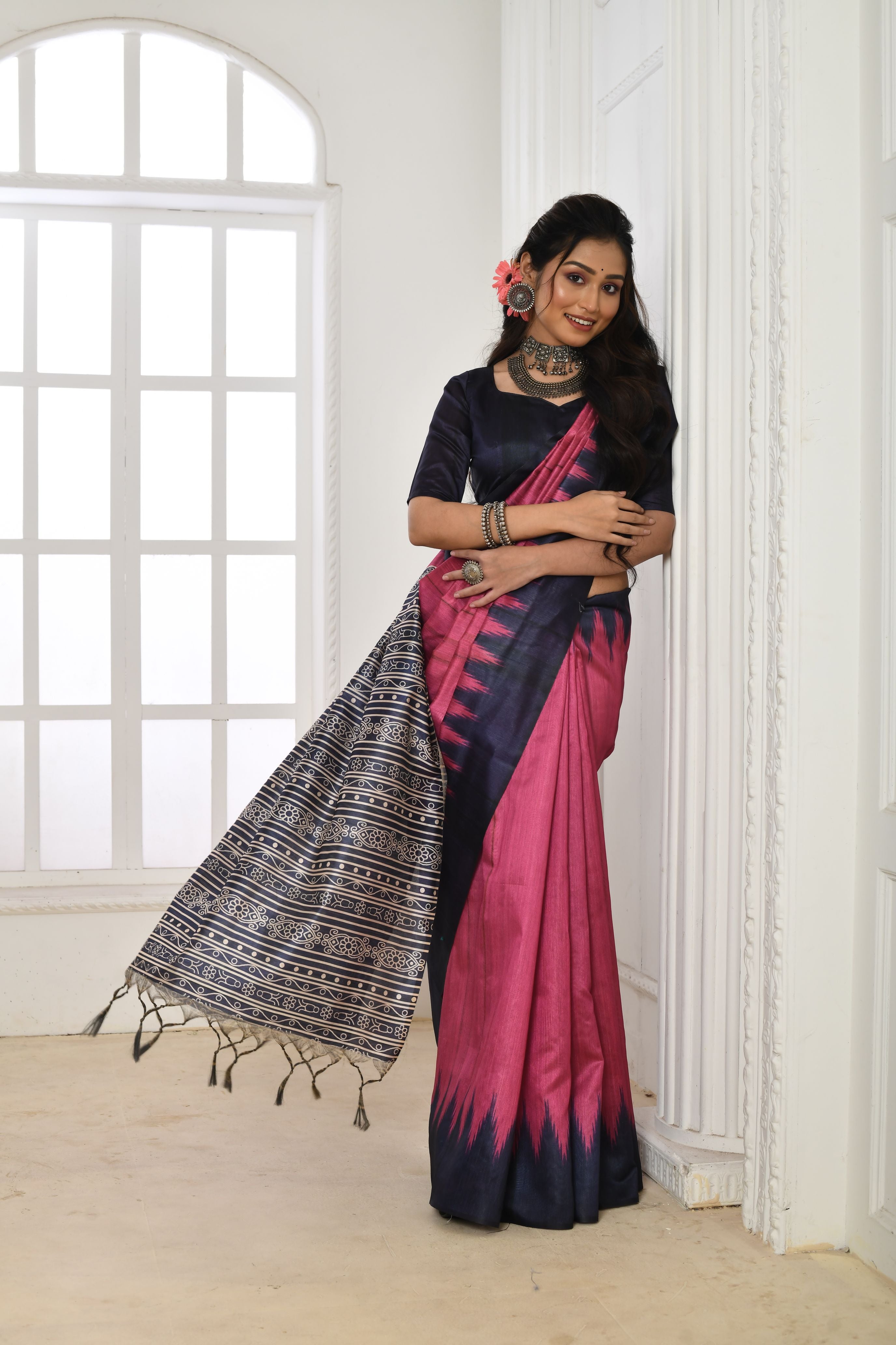 Soft Tussar silk saree with printed temple border