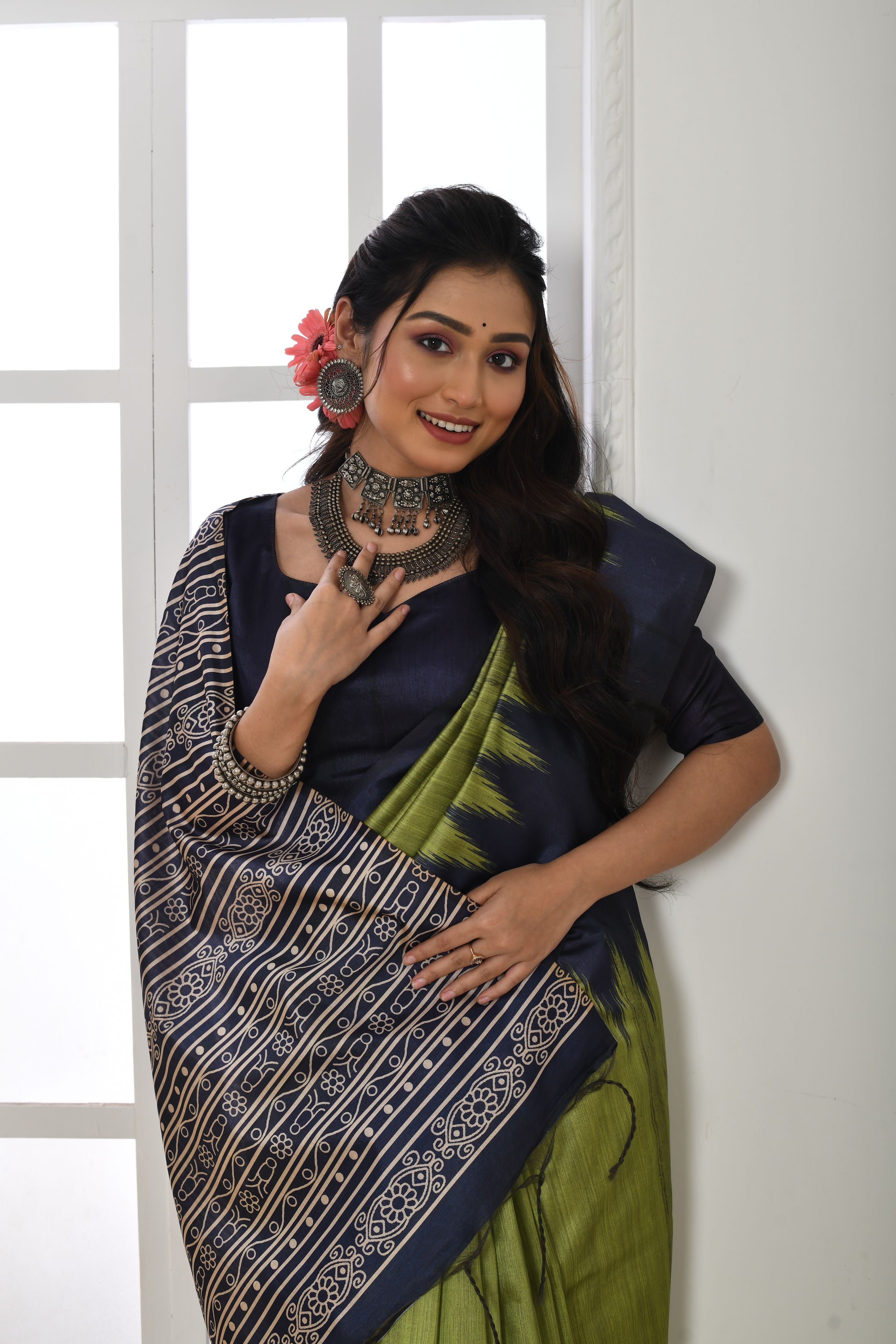 Soft Tussar silk saree with printed temple border