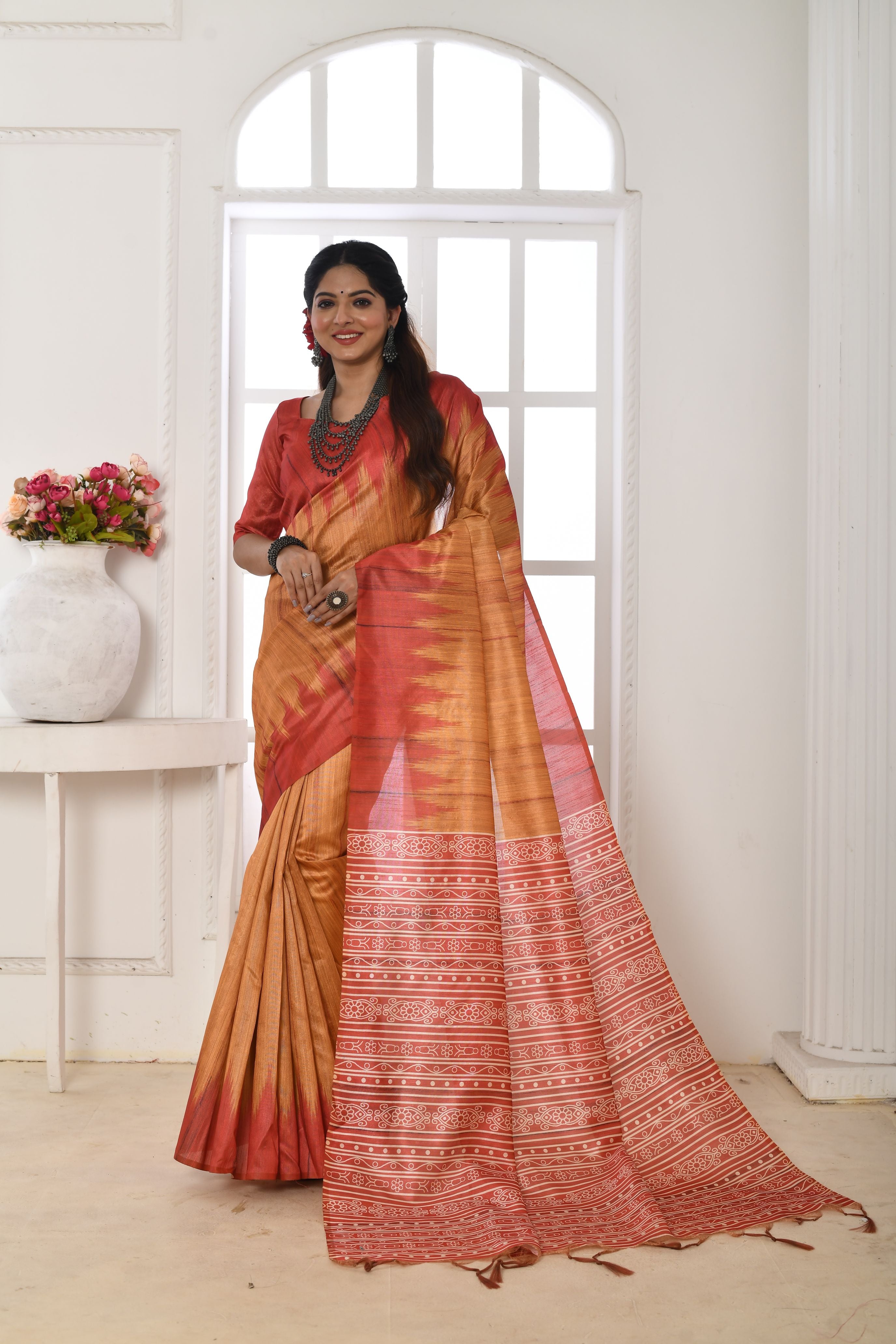 Soft Tussar silk saree with printed temple border