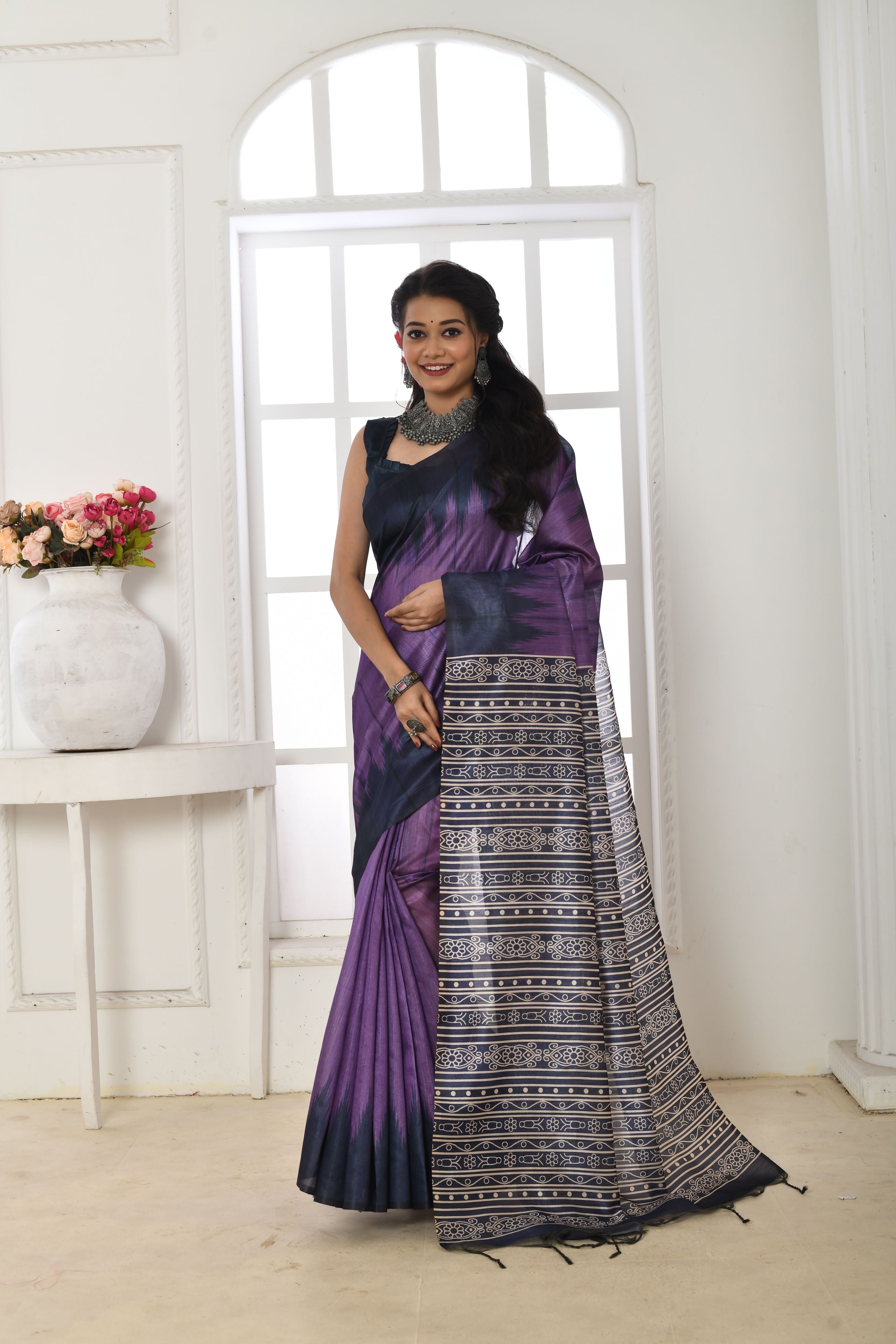 Soft Tussar silk saree with printed temple border