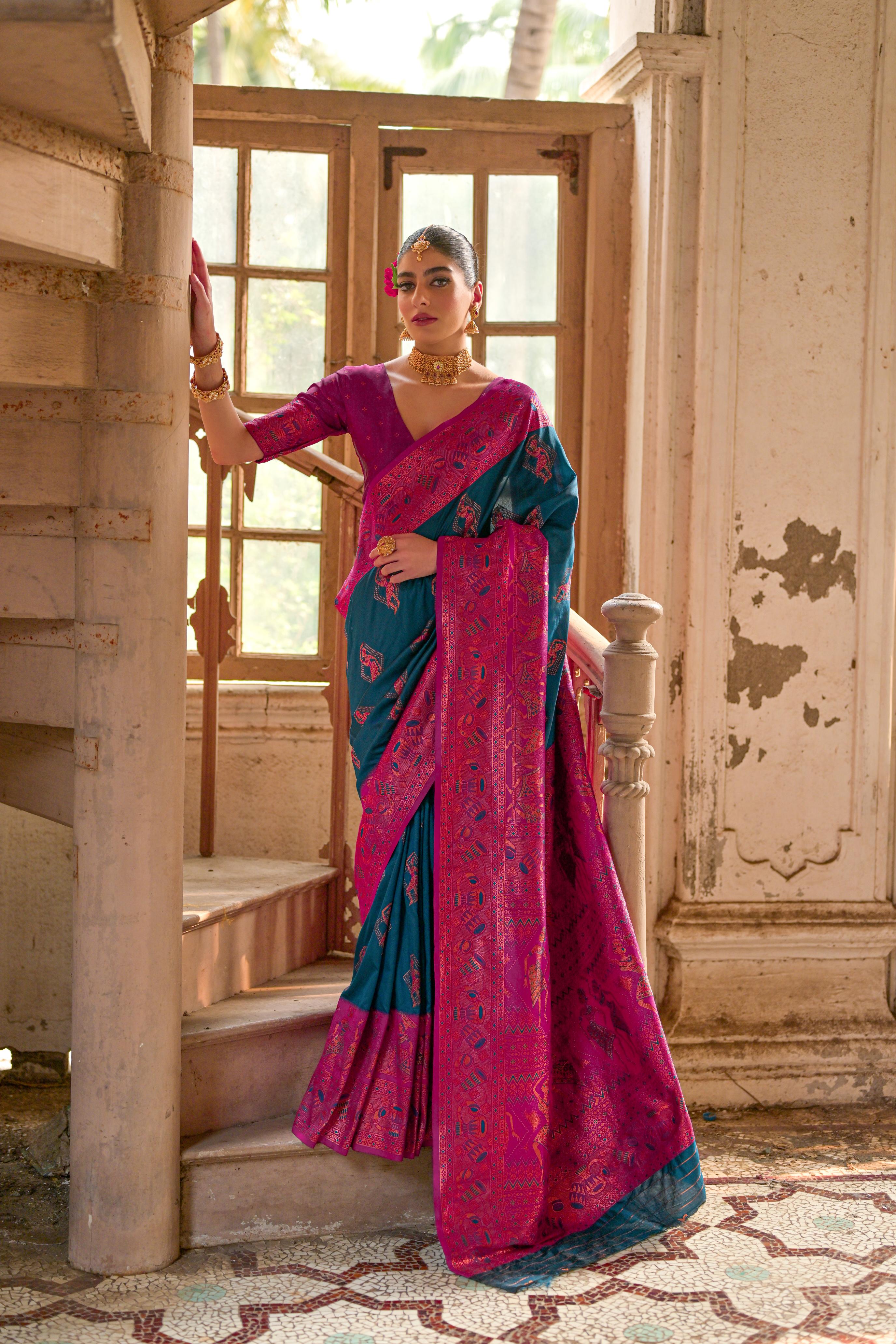 Teal Blue Woven Kalamkari Banarasi Silk Saree