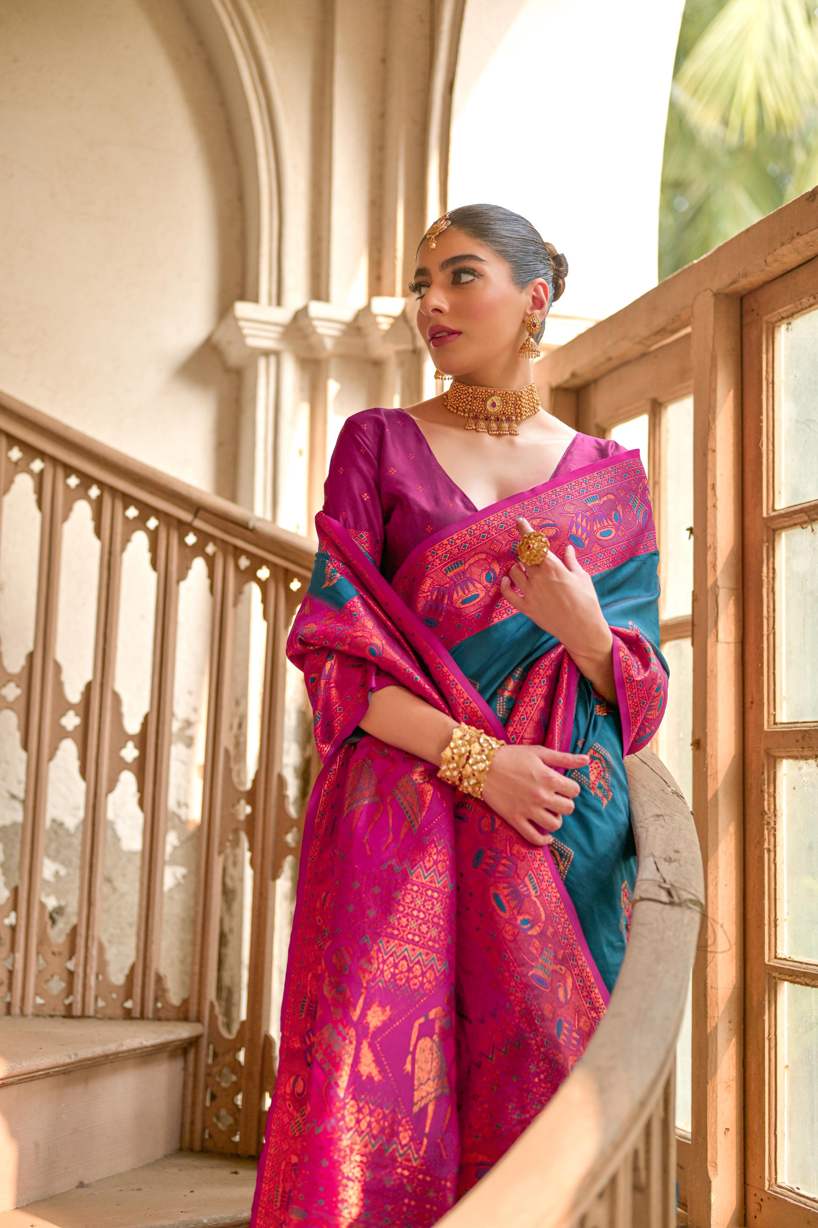 Teal Blue Woven Kalamkari Banarasi Silk Saree