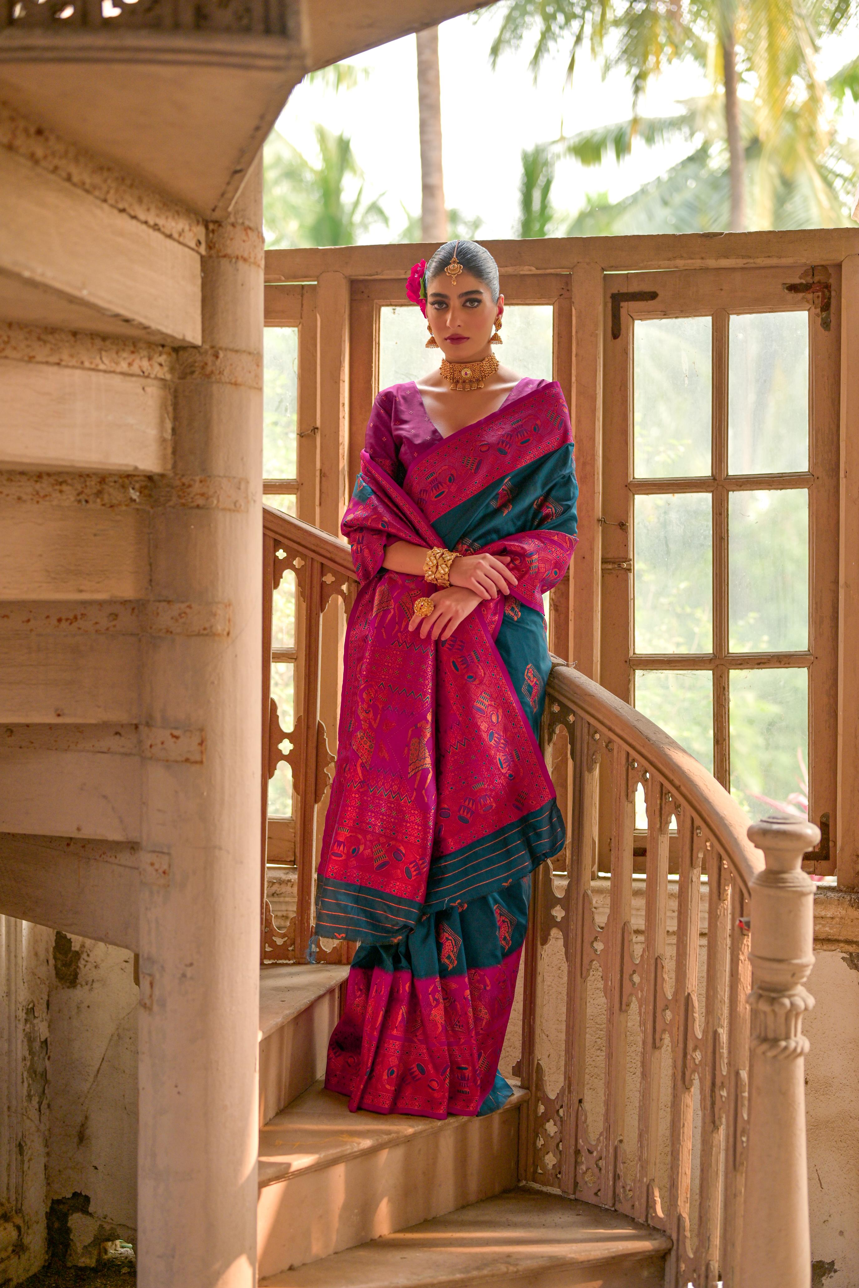 Teal Blue Woven Kalamkari Banarasi Silk Saree