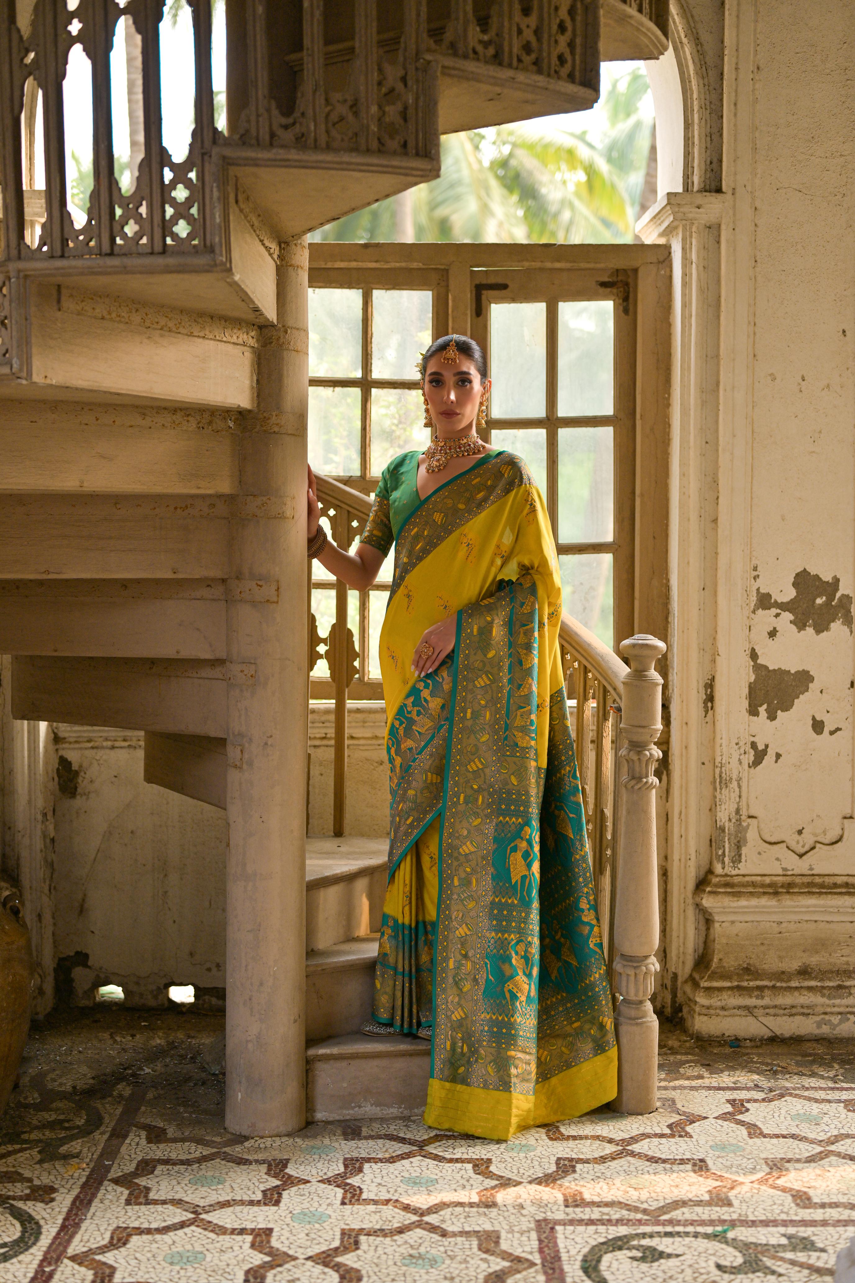 Teal Blue Woven Kalamkari Banarasi Silk Saree