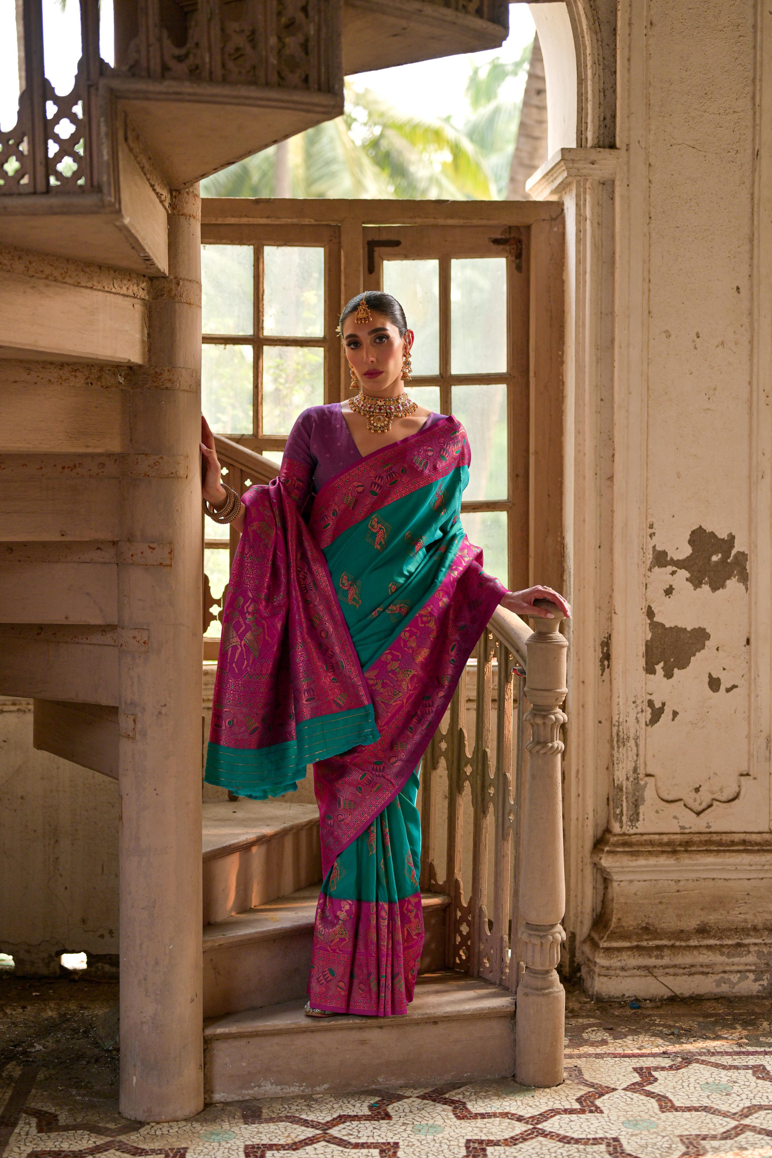 Teal Blue Woven Kalamkari Banarasi Silk Saree