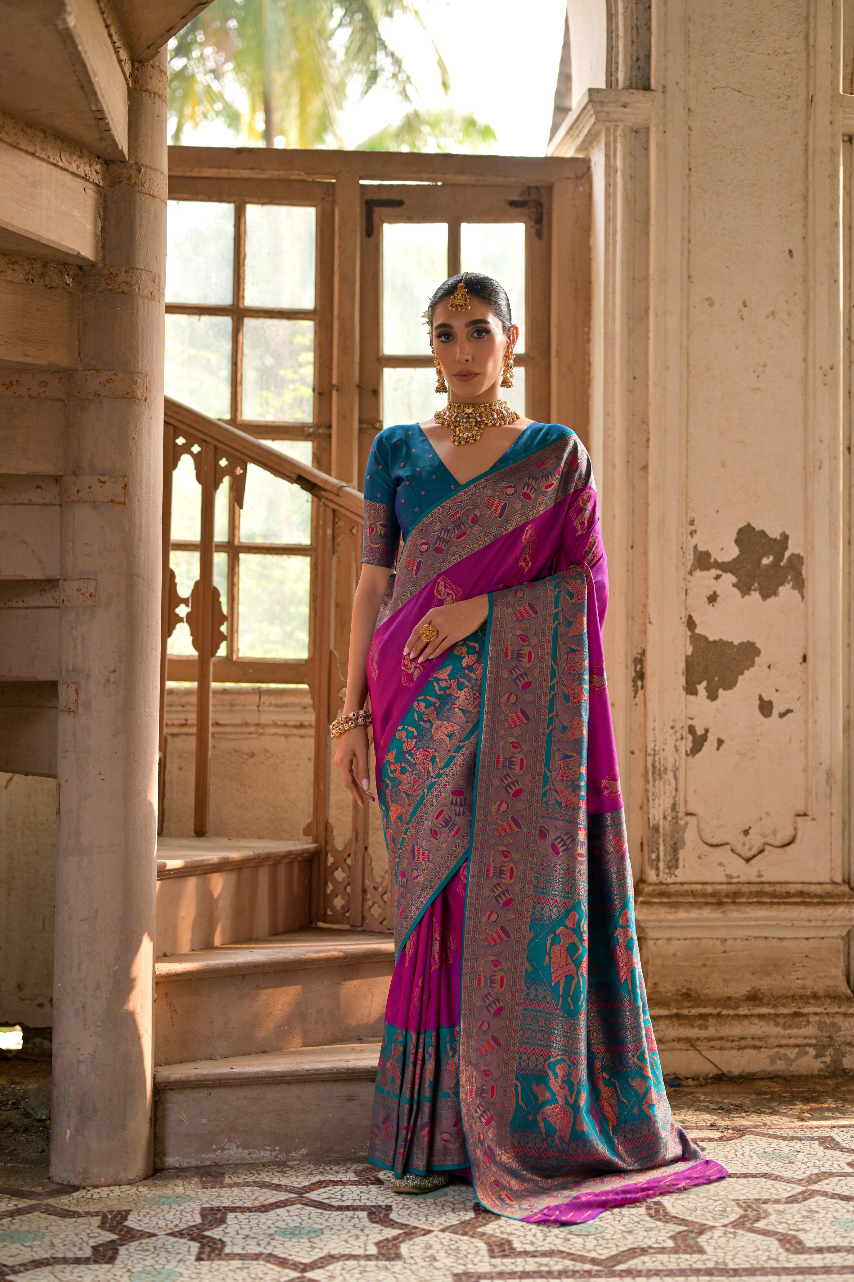 Teal Blue Woven Kalamkari Banarasi Silk Saree