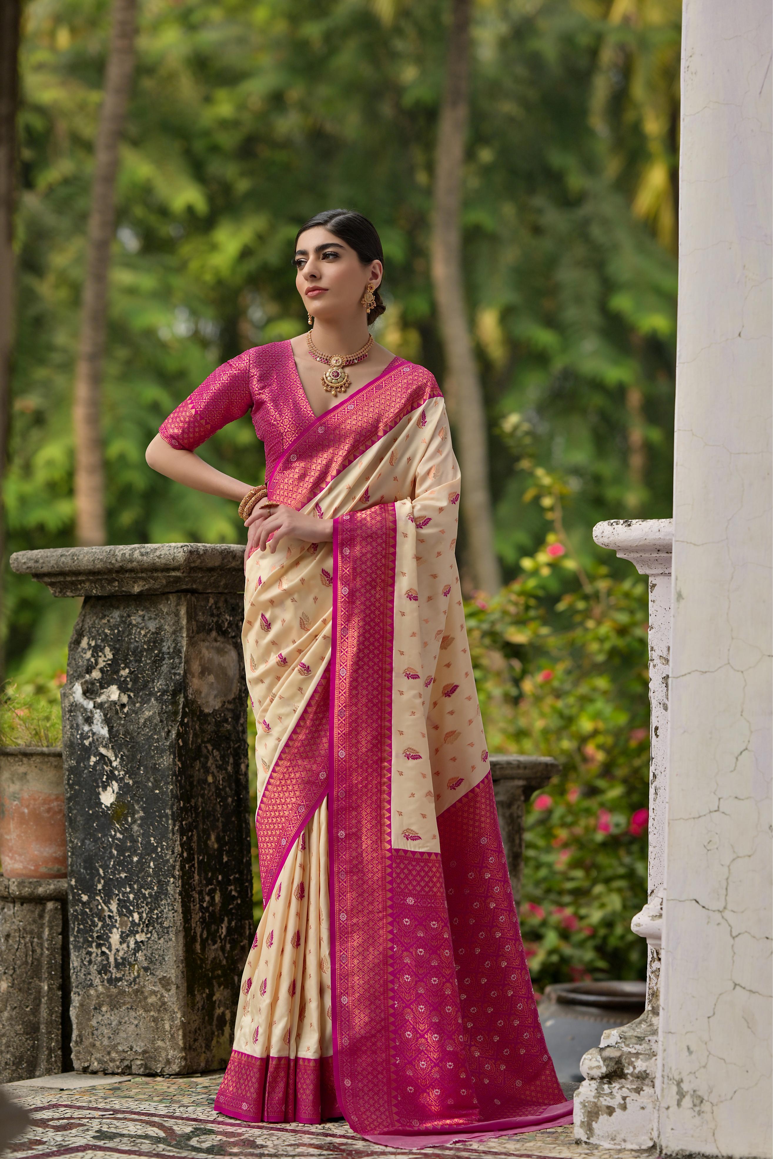 Cream & Pink Banarasi Silk Saree with Zari Weaving