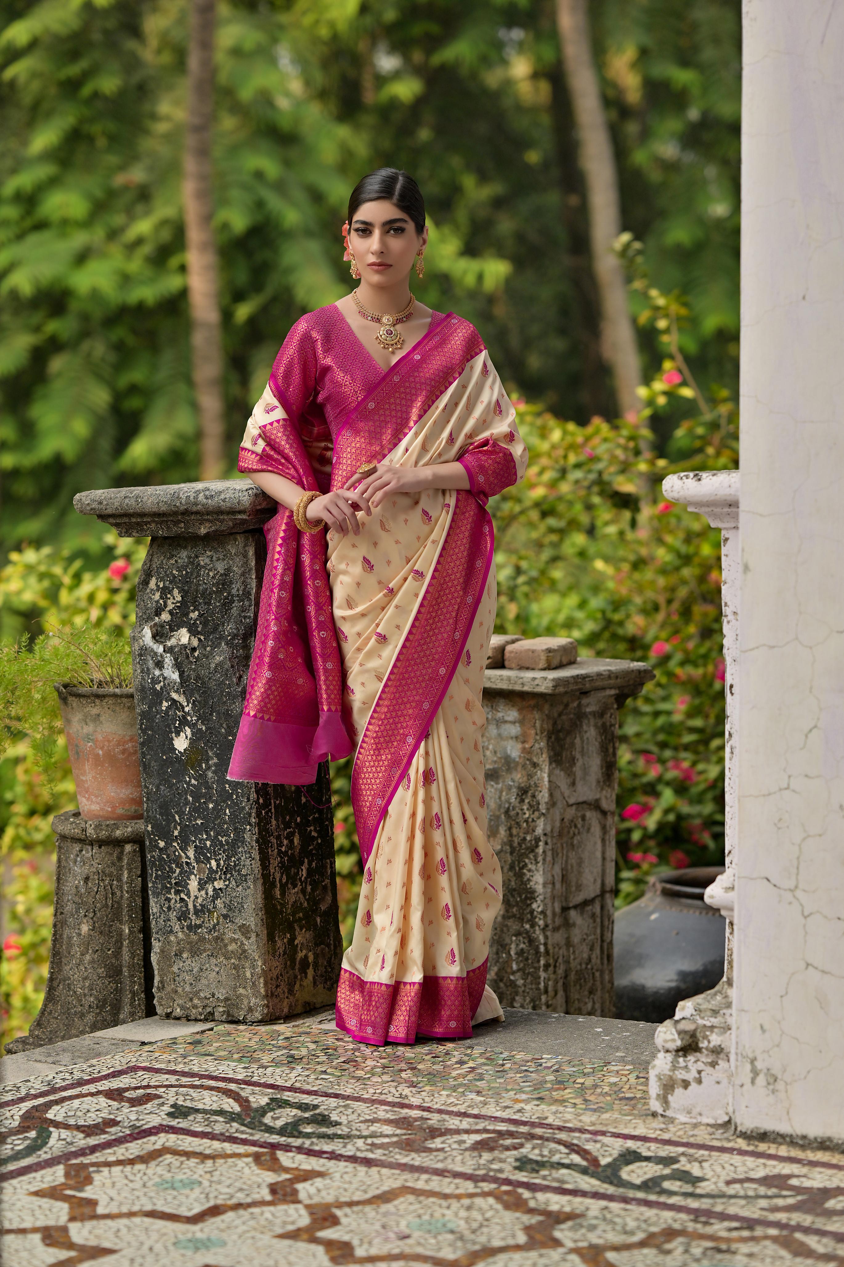 Cream & Pink Banarasi Silk Saree with Zari Weaving