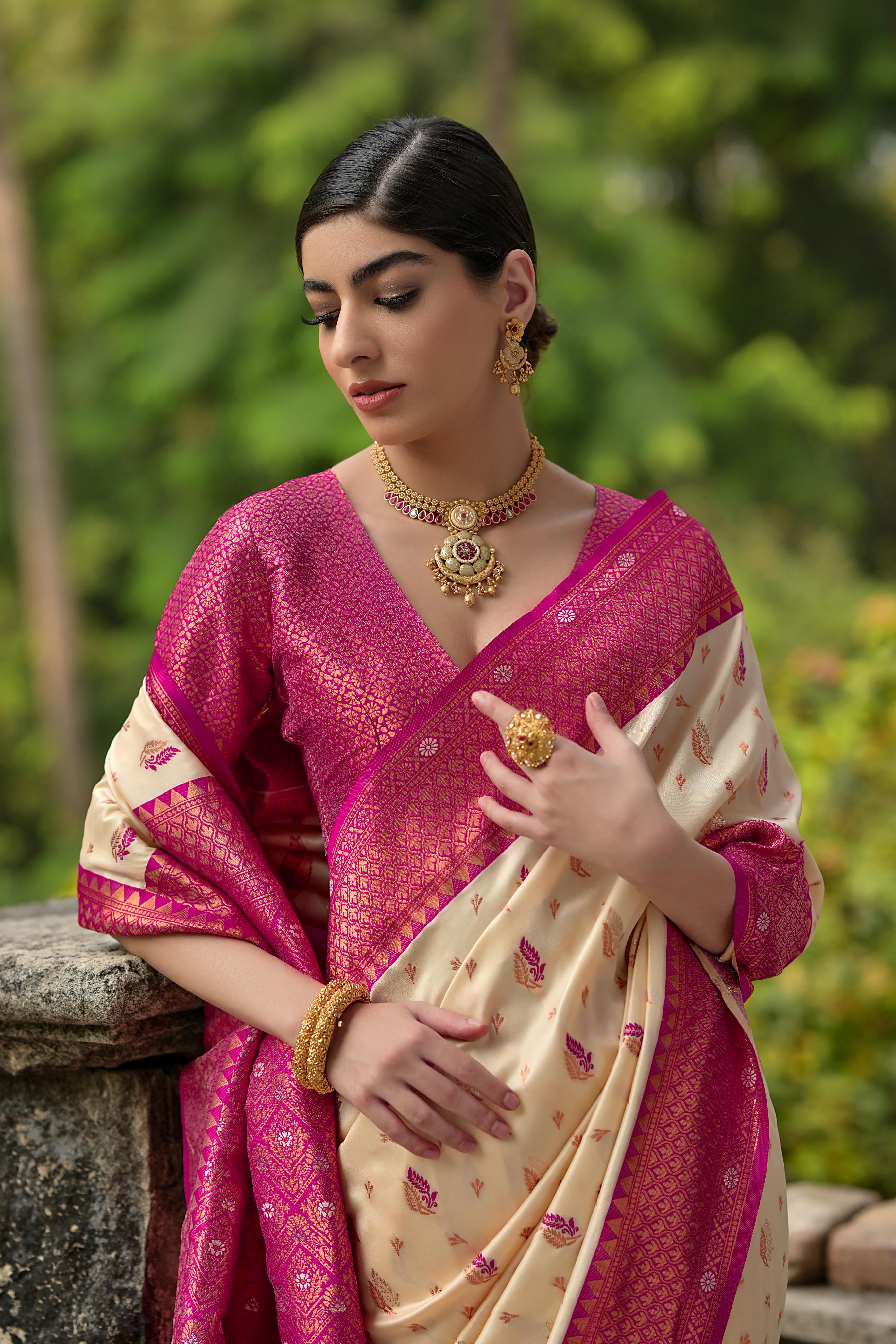 Cream & Pink Banarasi Silk Saree with Zari Weaving