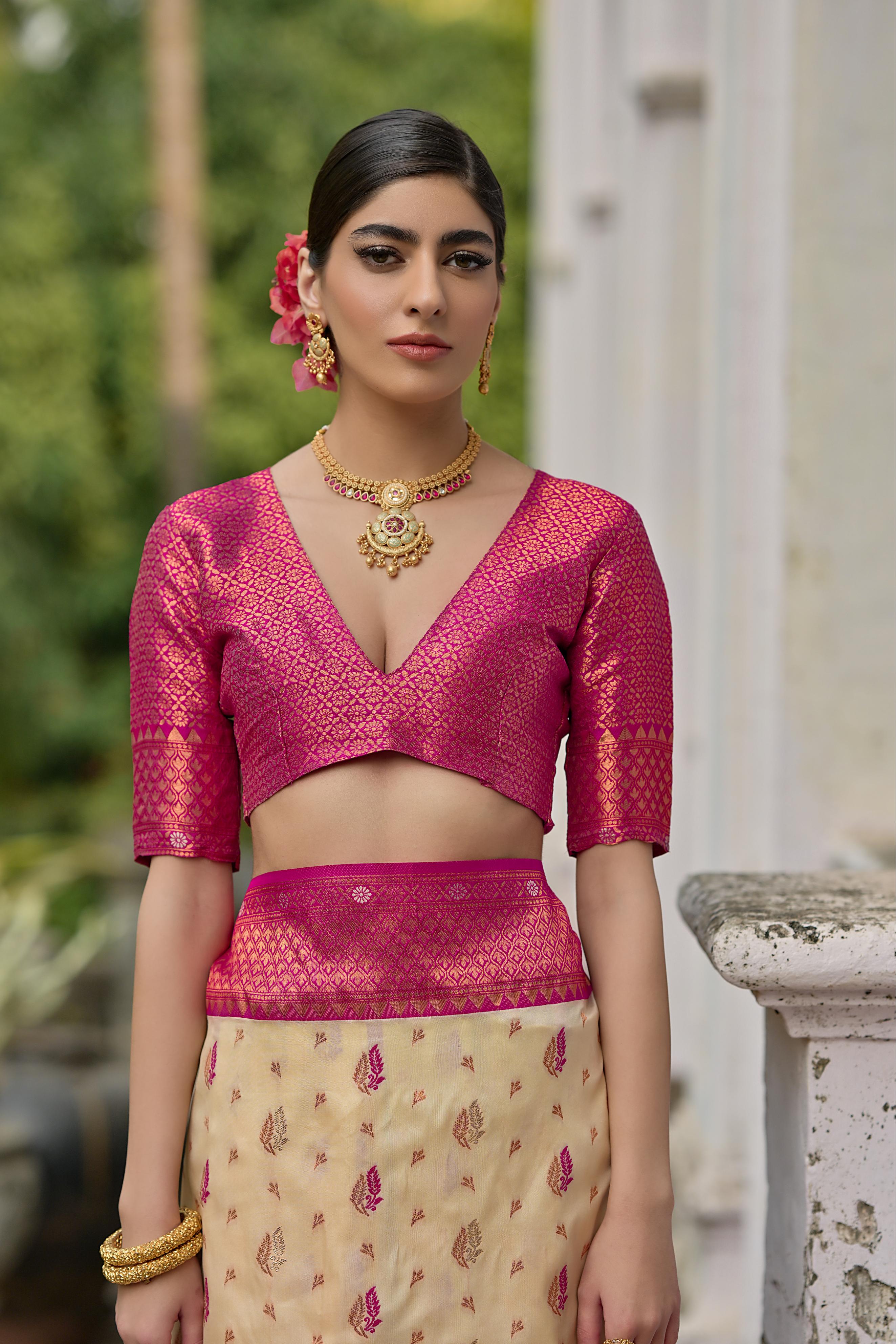 Cream & Pink Banarasi Silk Saree with Zari Weaving