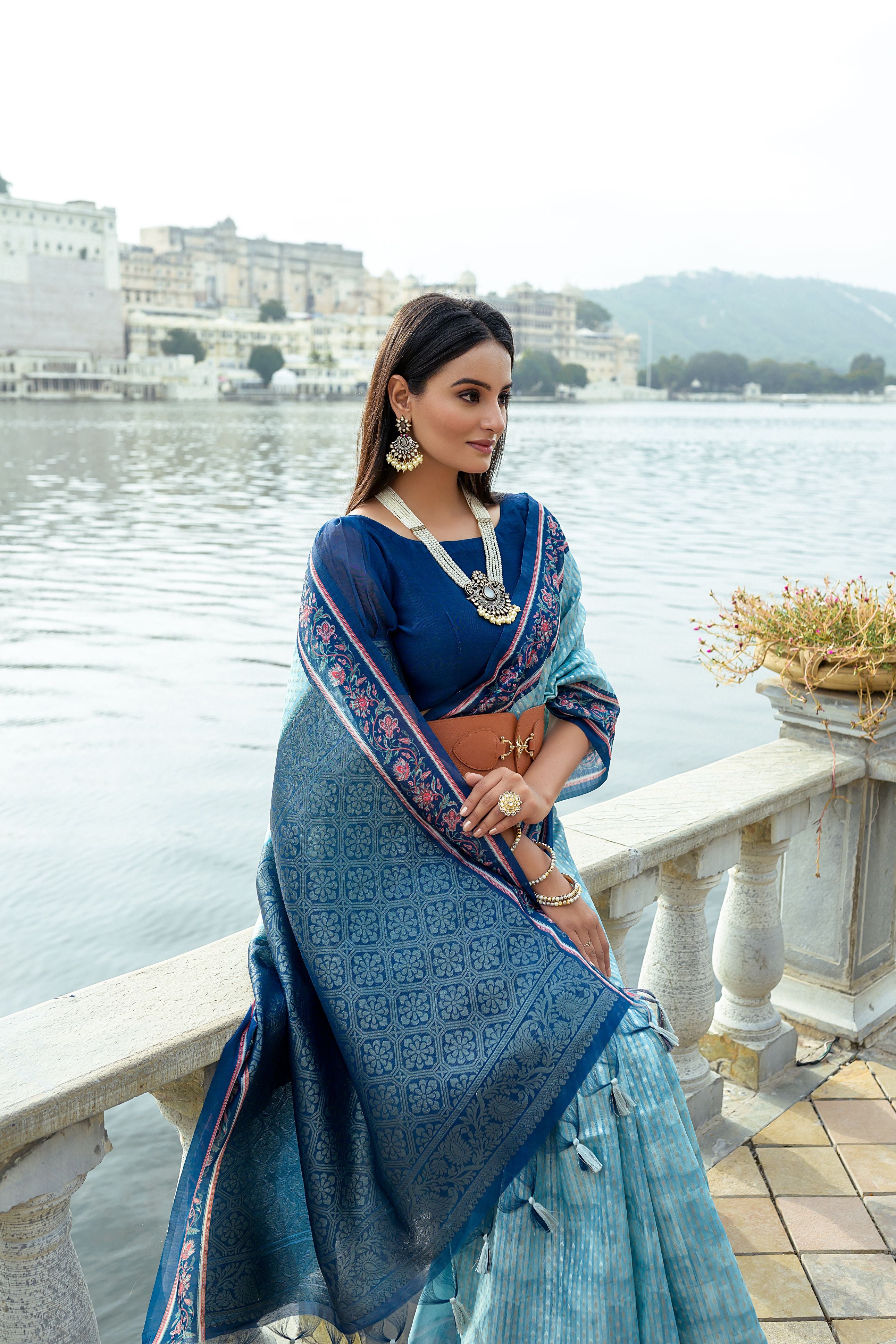 Designer Light Blue & Navy Silk Saree with Intricate Floral Print