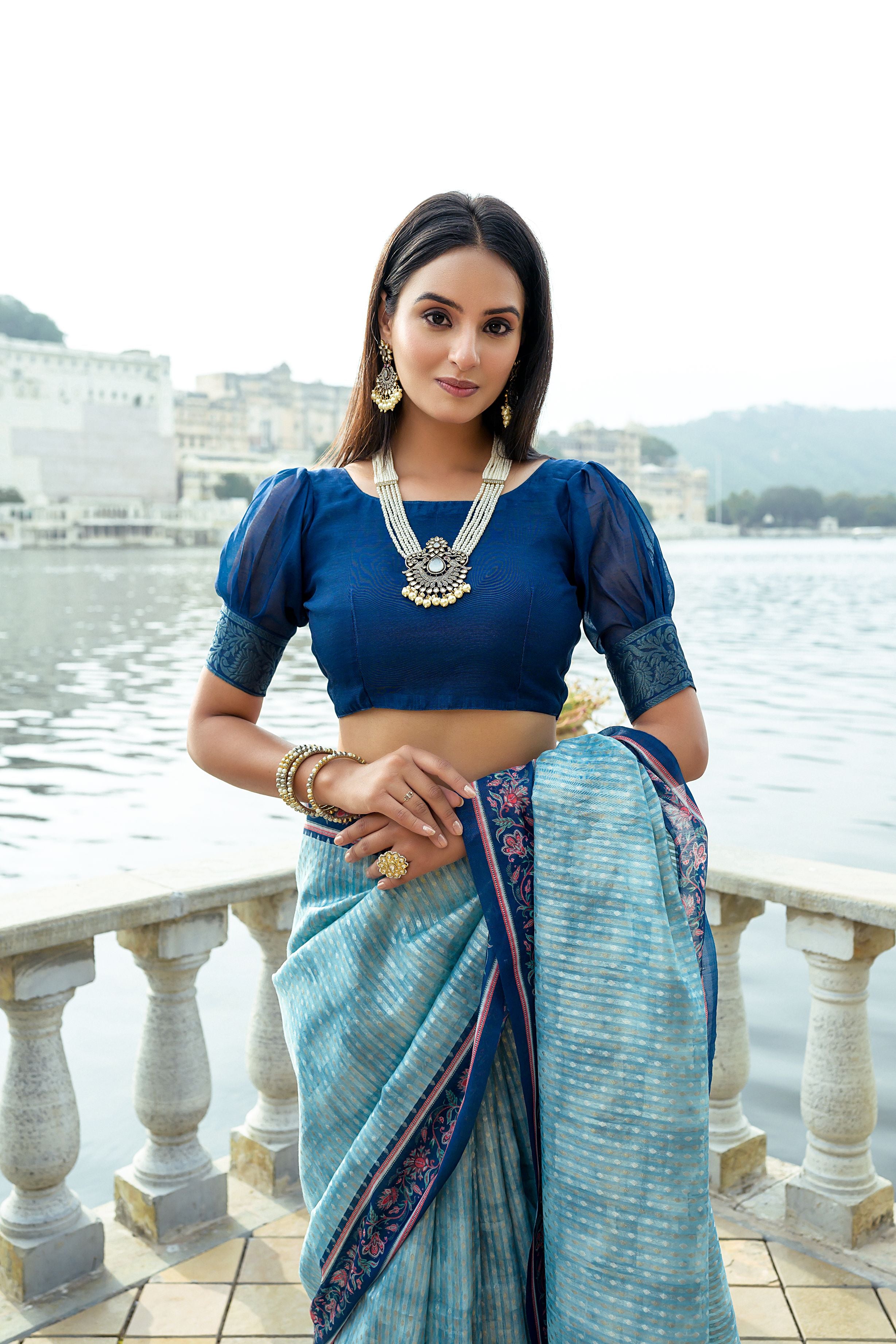 Designer Light Blue & Navy Silk Saree with Intricate Floral Print
