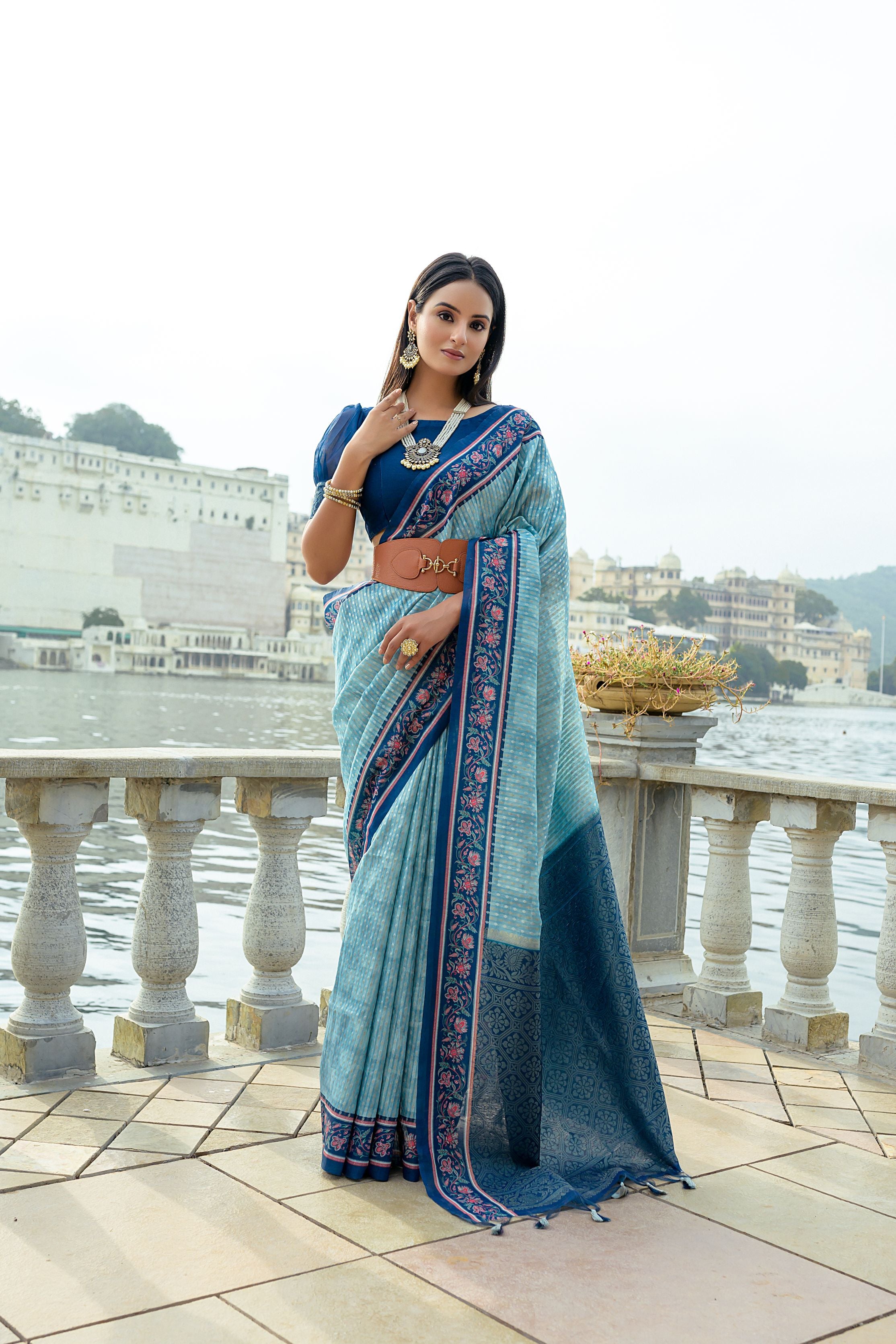Designer Light Blue & Navy Silk Saree with Intricate Floral Print