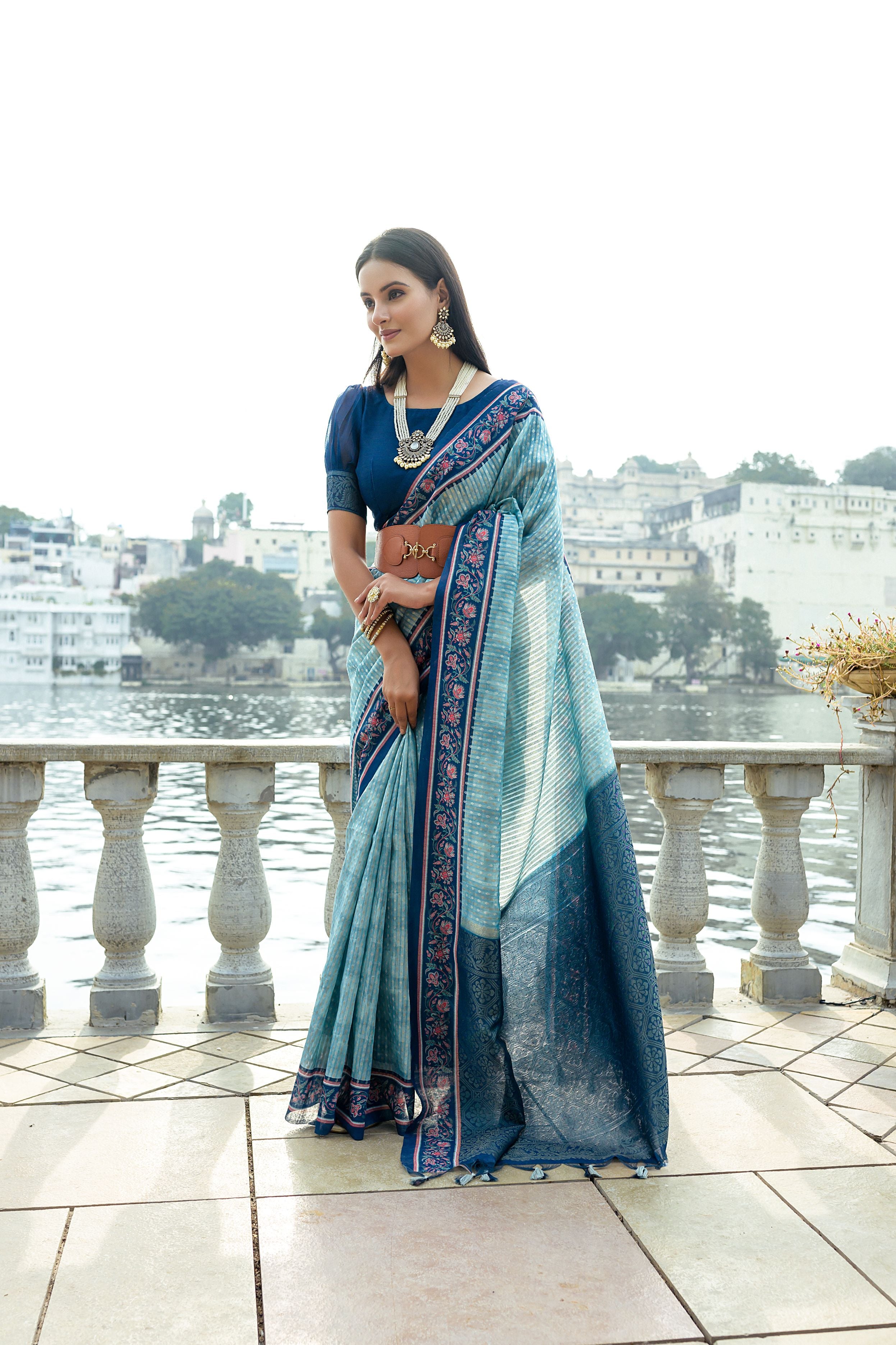 Designer Light Blue & Navy Silk Saree with Intricate Floral Print