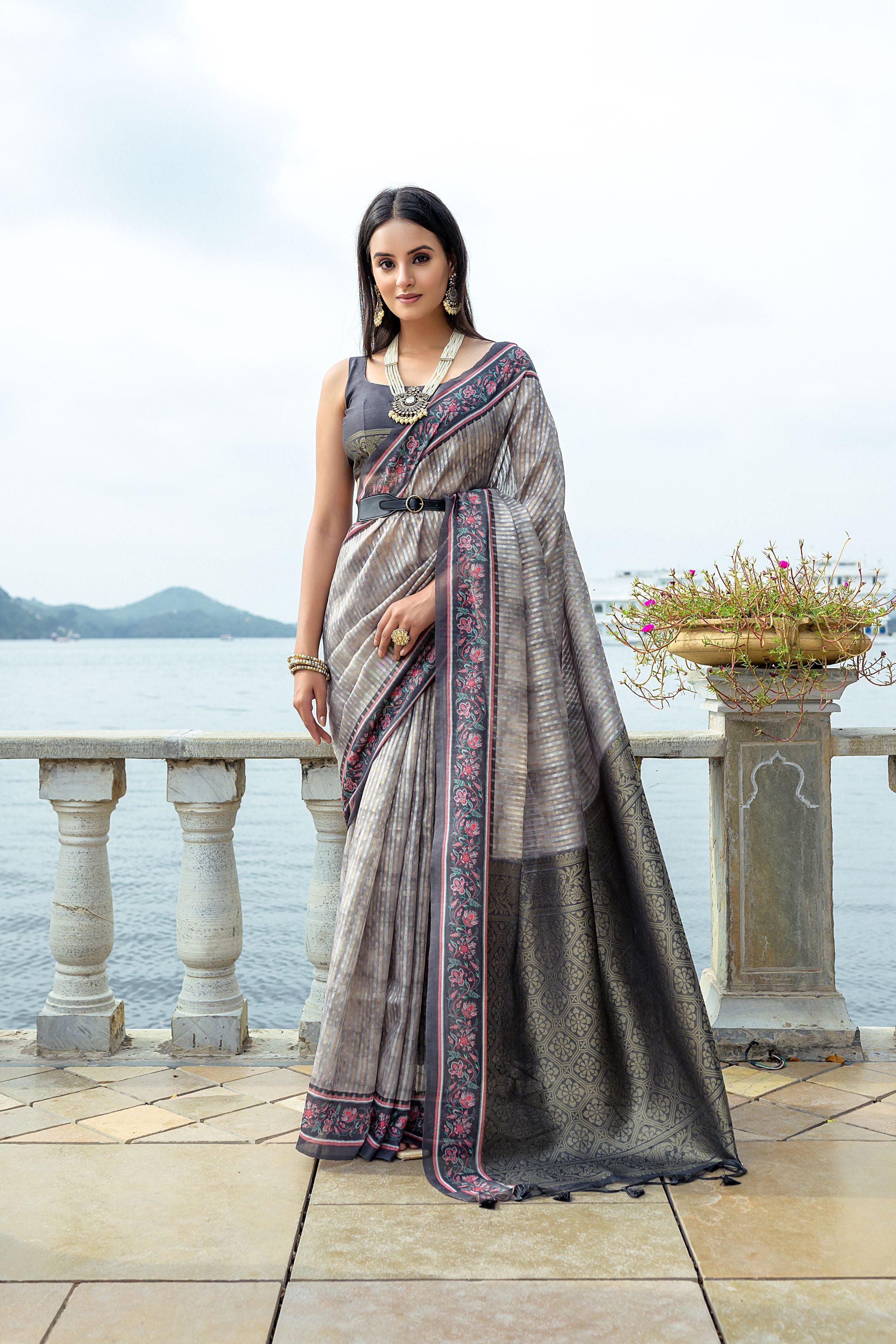 Designer Grey Zari Woven Silk Blend Saree for Women