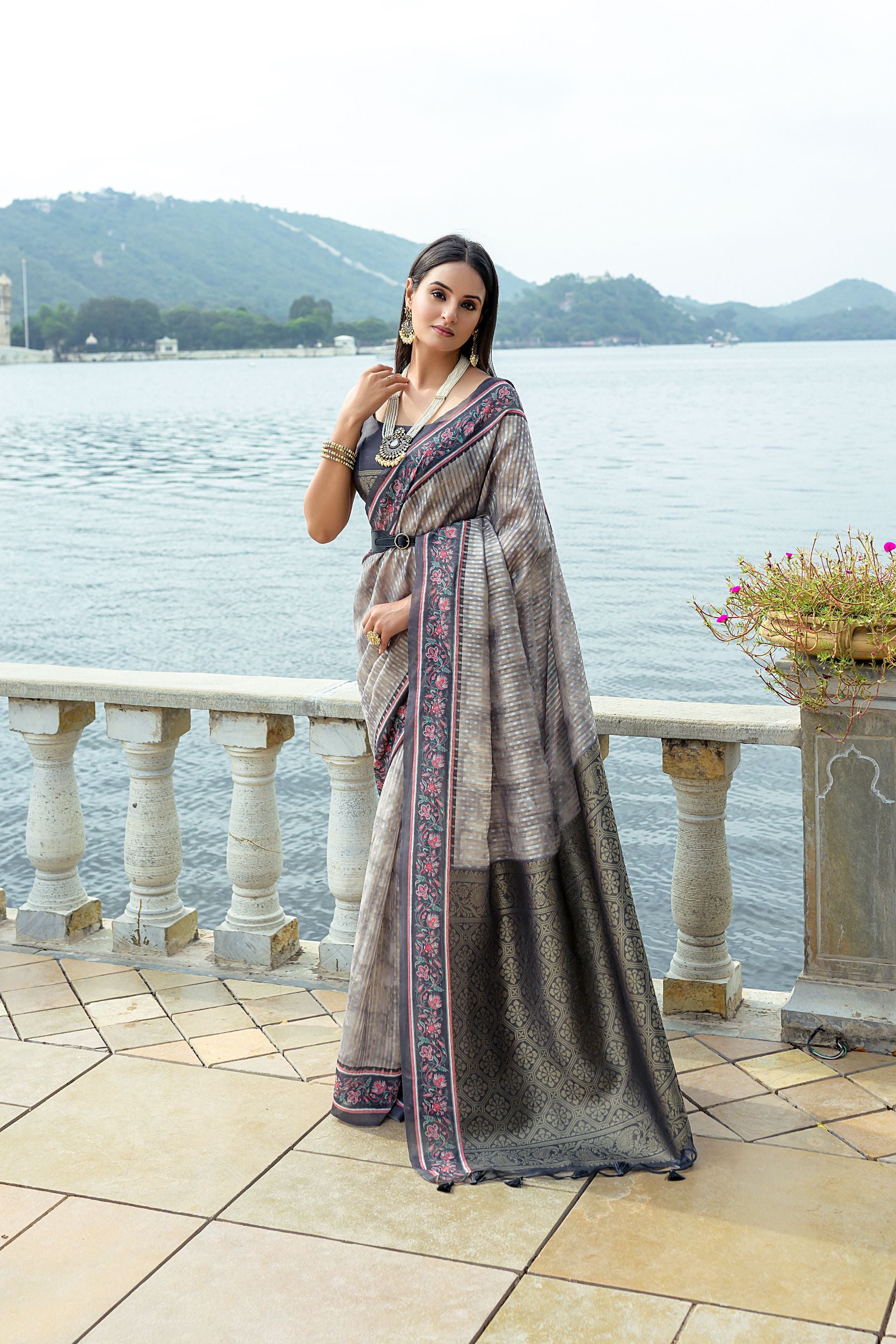 Designer Grey Zari Woven Silk Blend Saree for Women