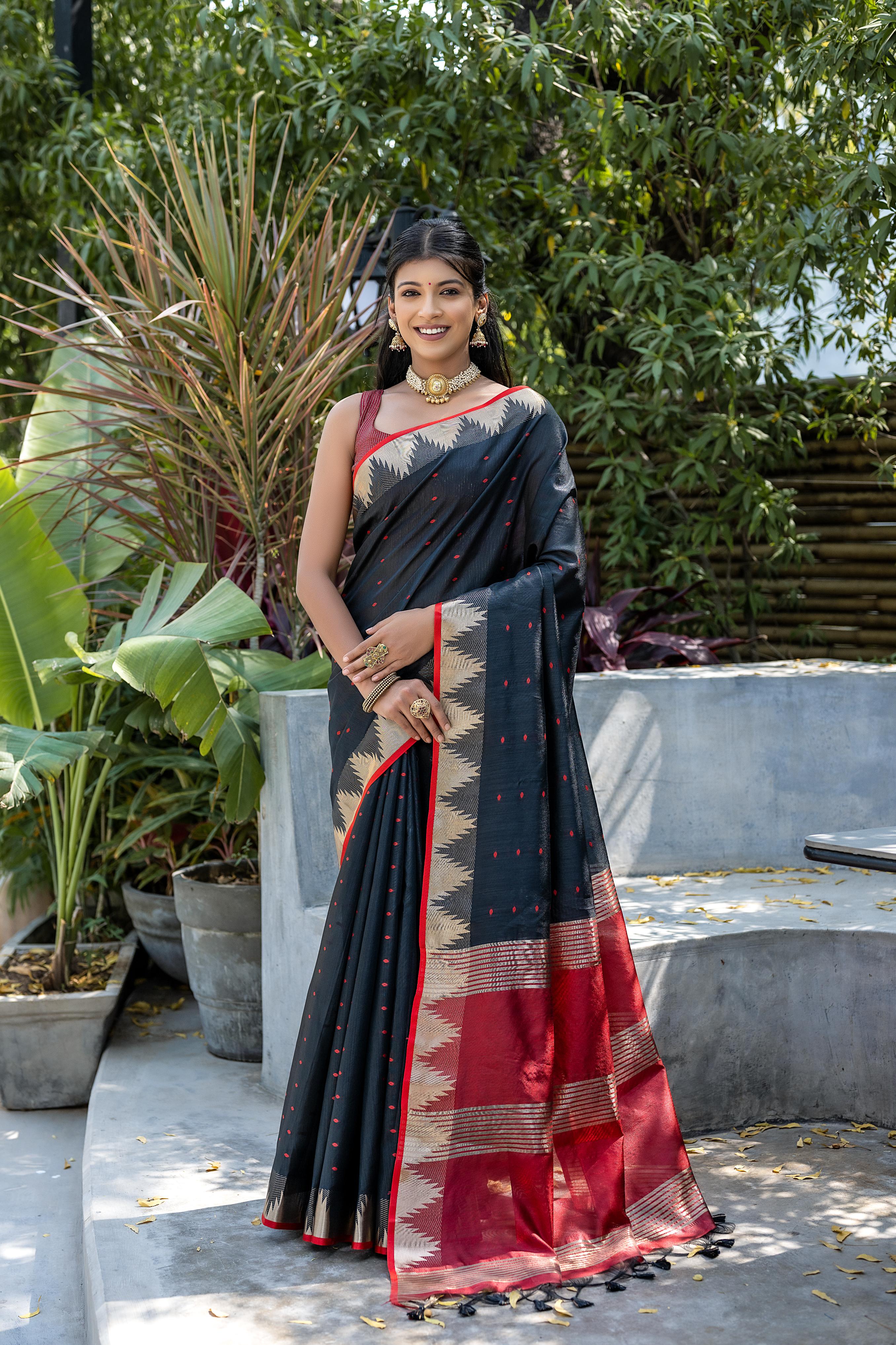 Black Semi Tussar Silk Saree with Bandhani Style Temple Border.