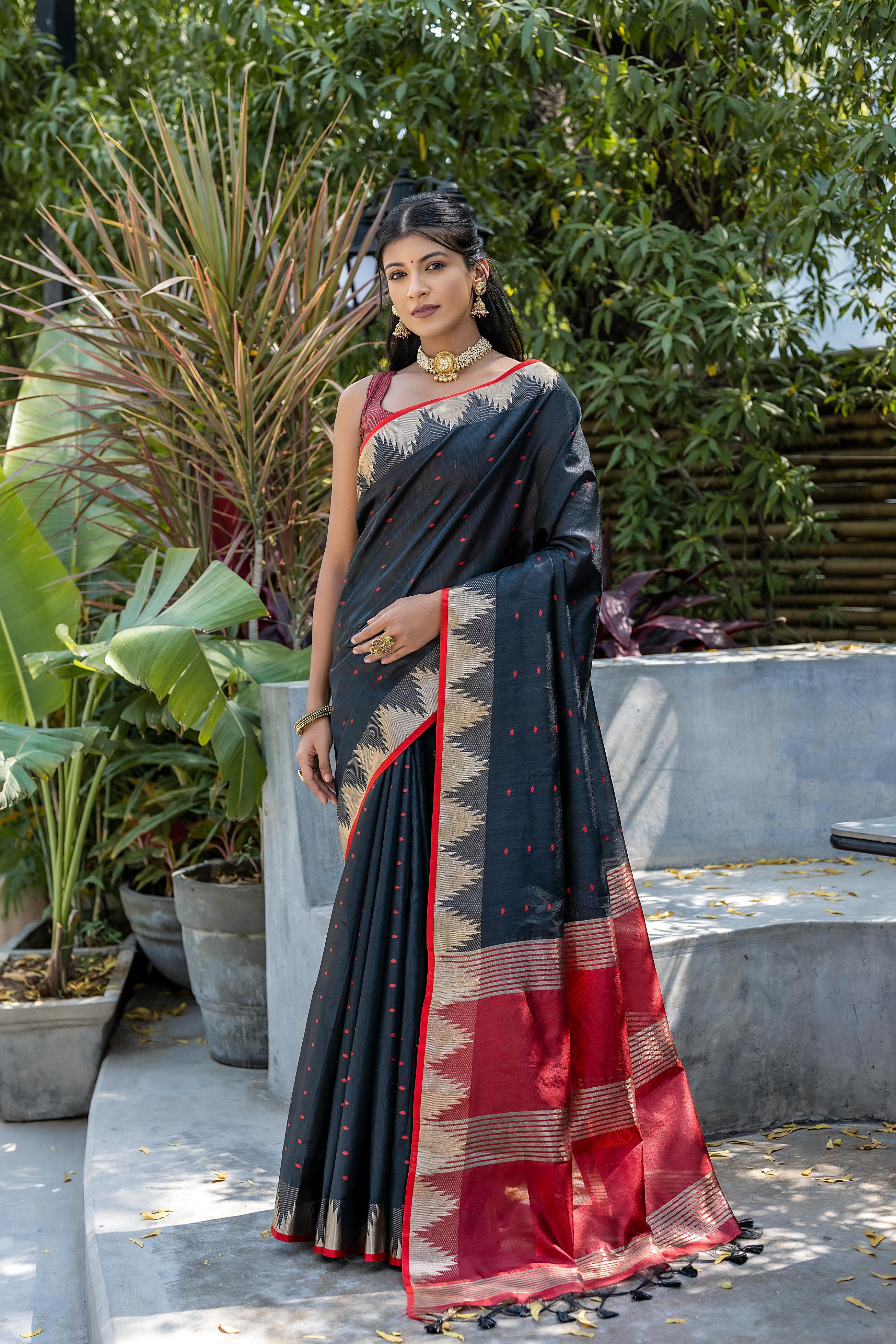Black Semi Tussar Silk Saree with Bandhani Style Temple Border.