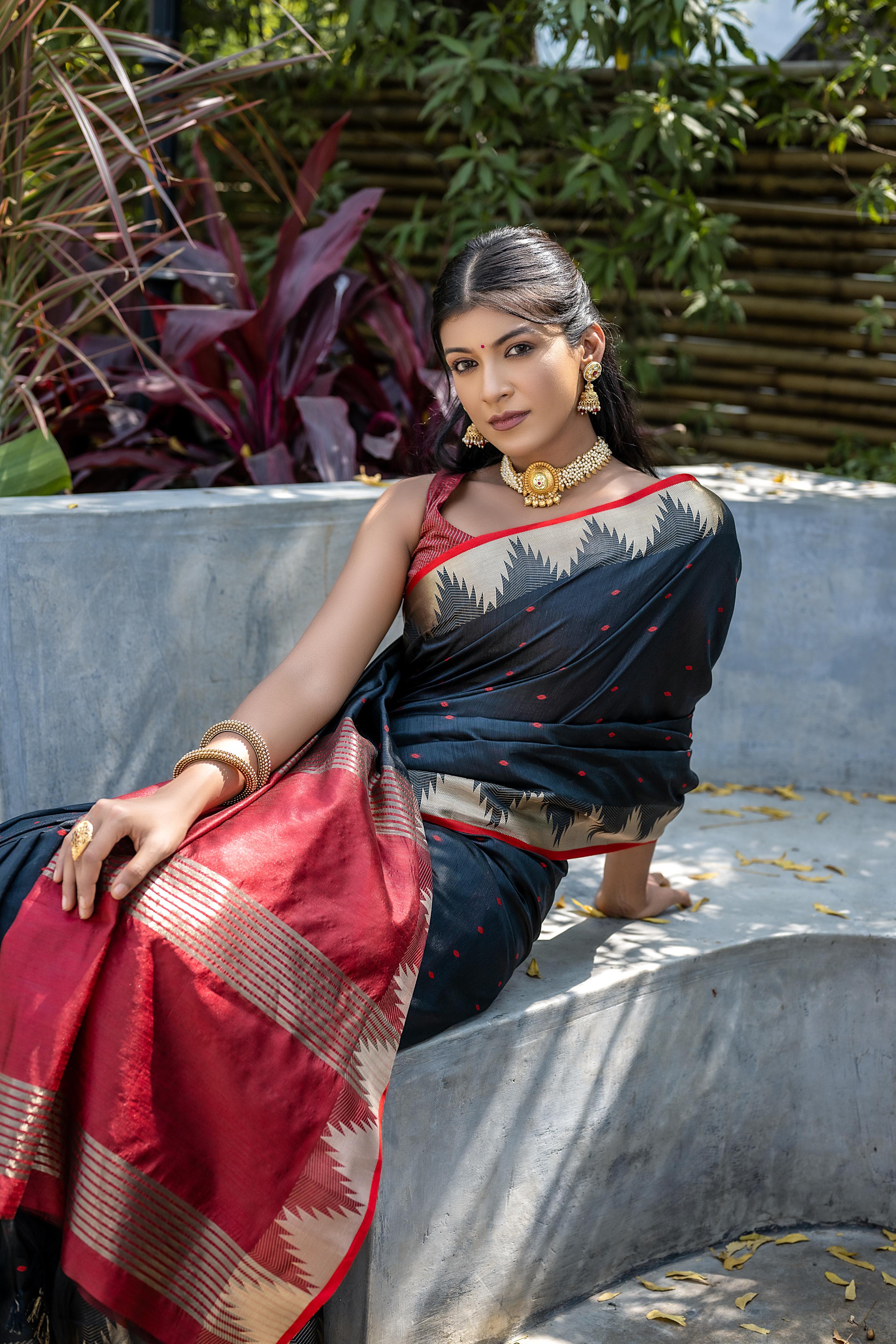 Black Semi Tussar Silk Saree with Bandhani Style Temple Border.