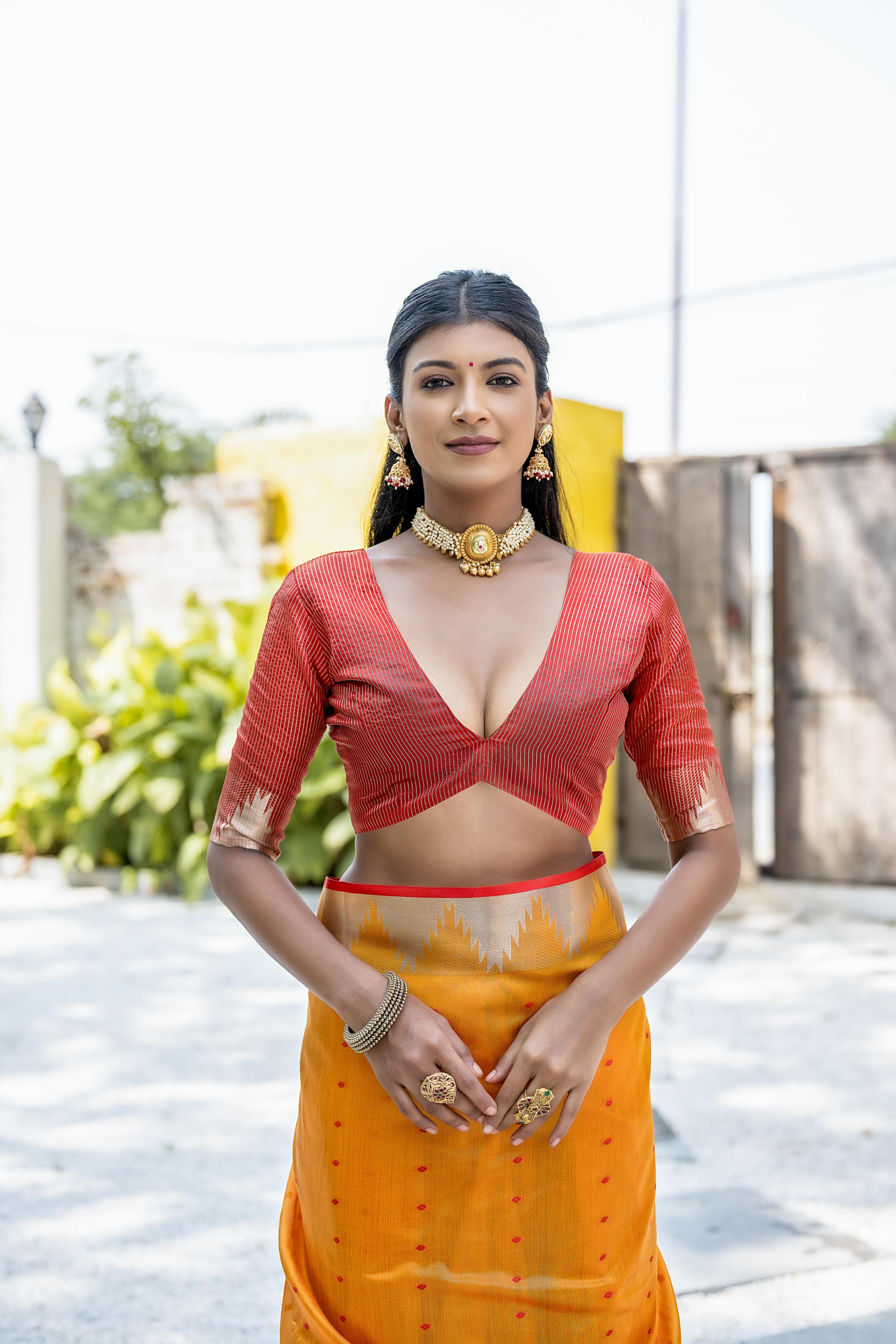 Mustard Yellow Tussar Silk Saree with Temple Border