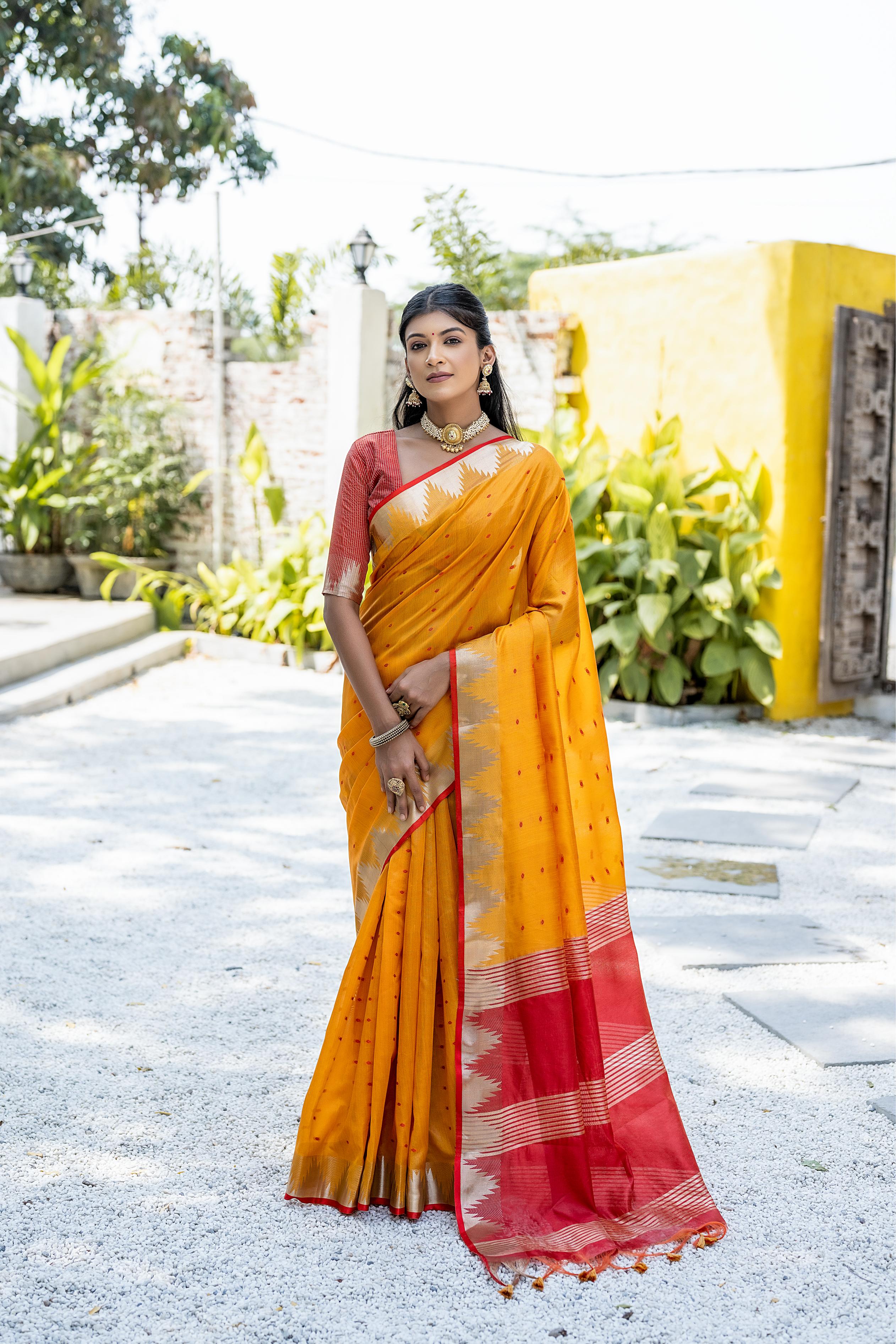 Mustard Yellow Tussar Silk Saree with Temple Border