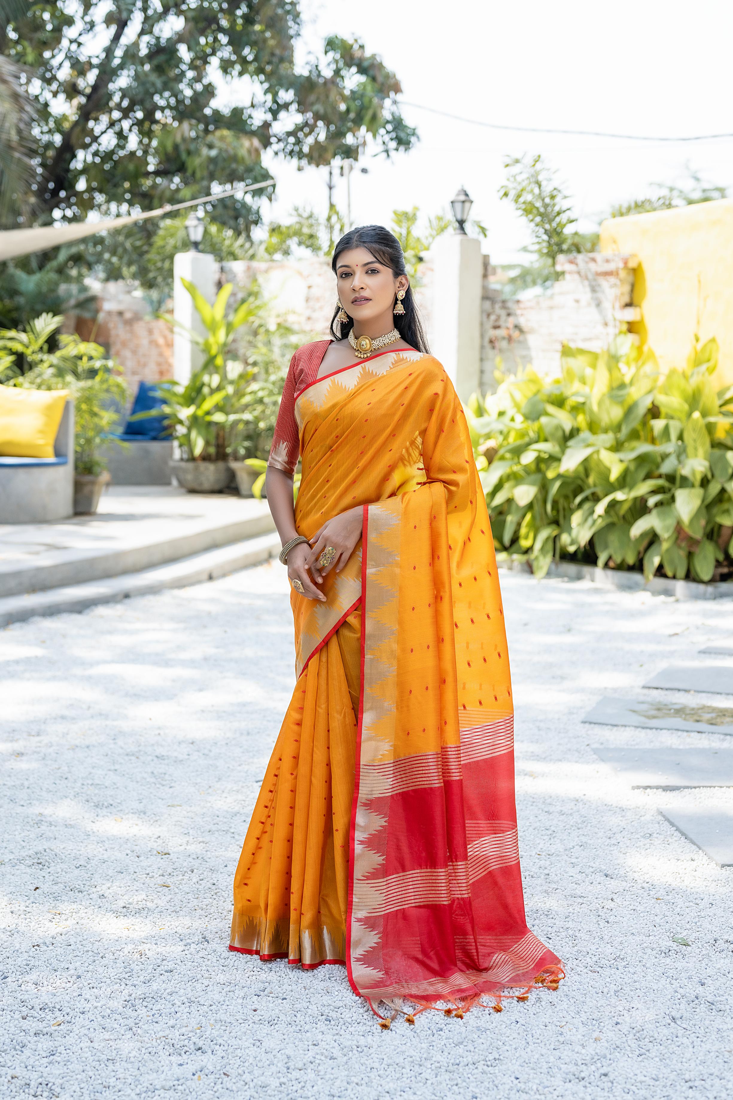 Mustard Yellow Tussar Silk Saree with Temple Border