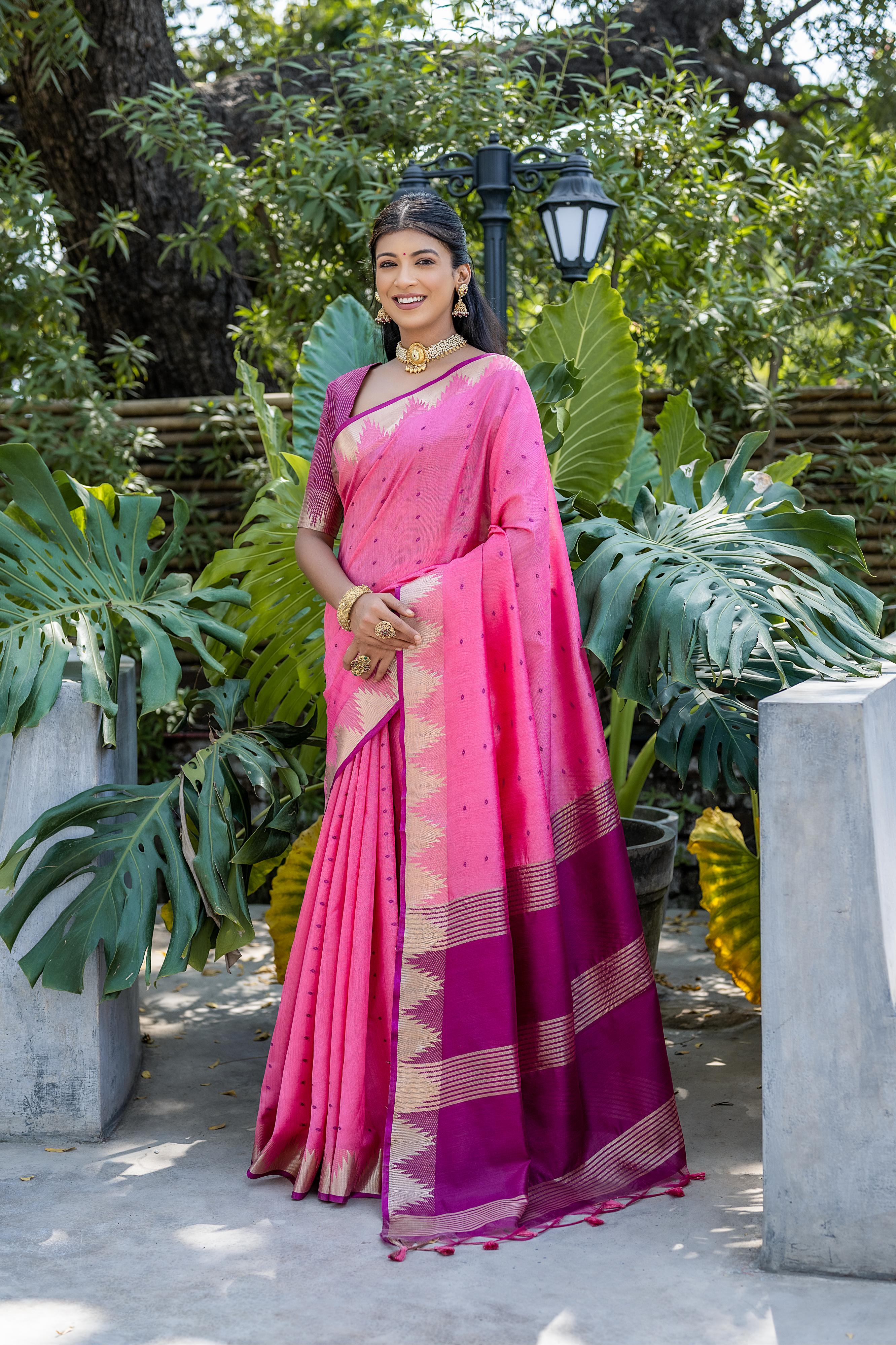 Elegant Pink Zari Weave Silk Saree with Temple Border