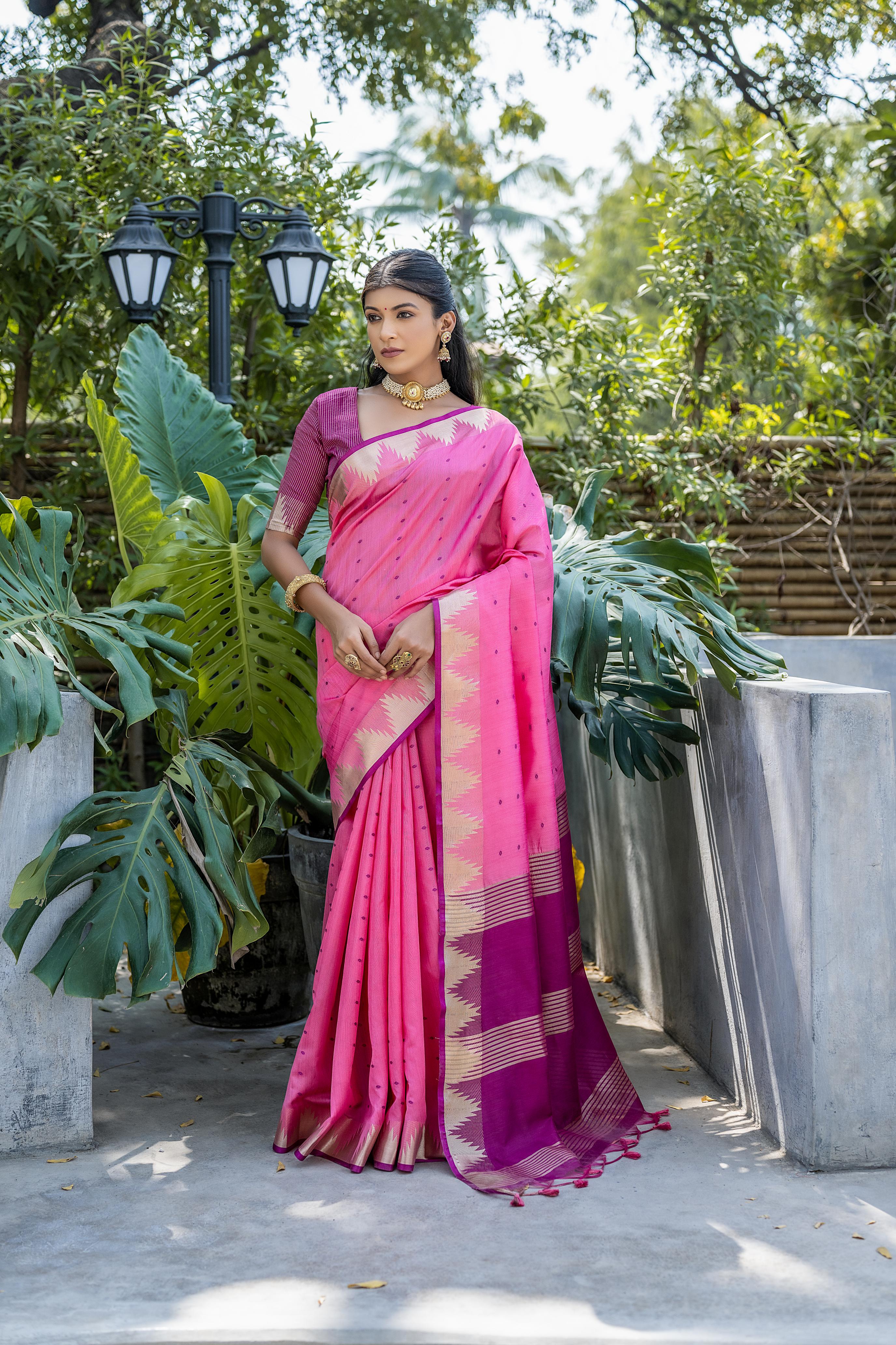 Elegant Pink Zari Weave Silk Saree with Temple Border