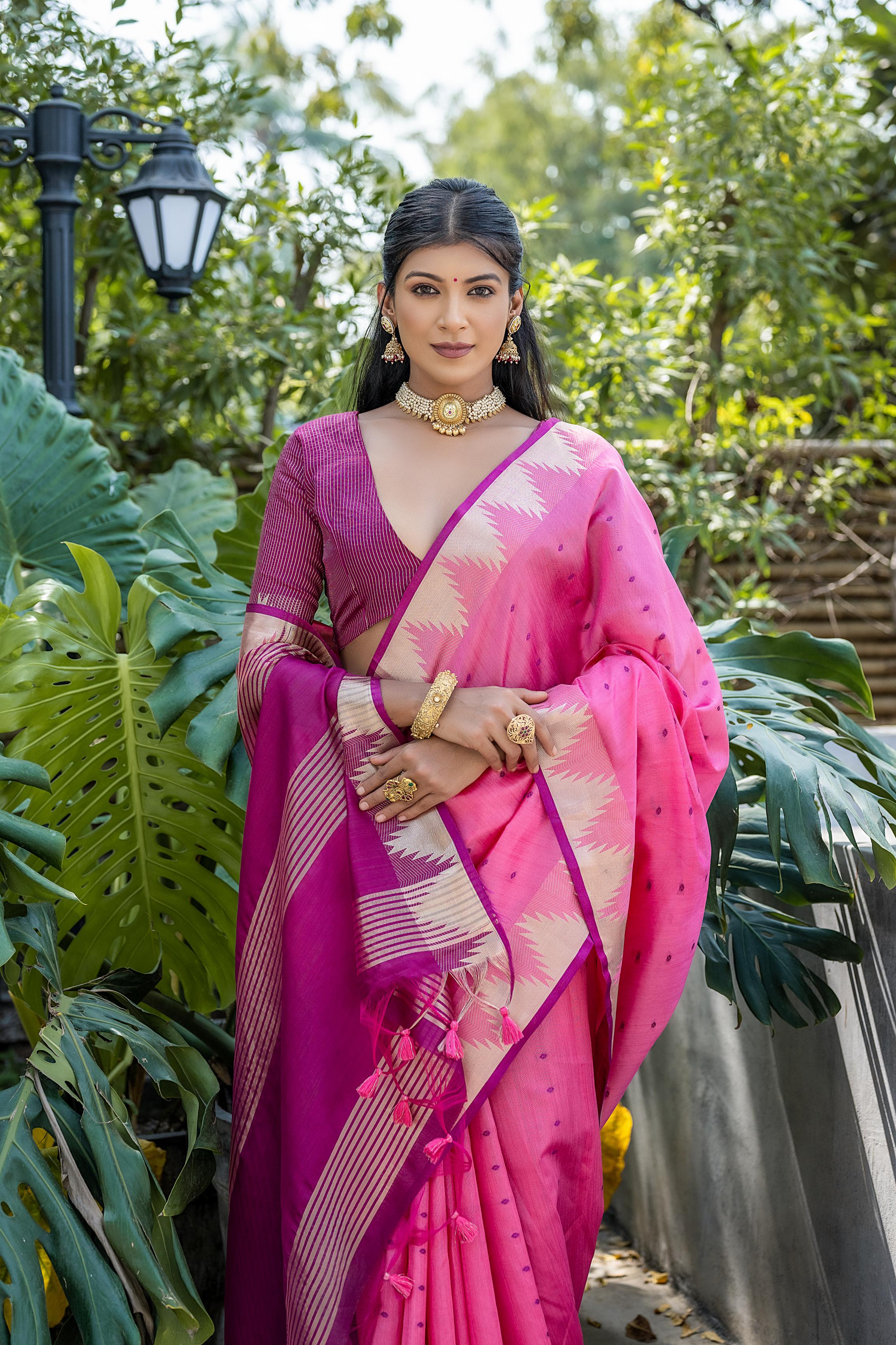 Elegant Pink Zari Weave Silk Saree with Temple Border