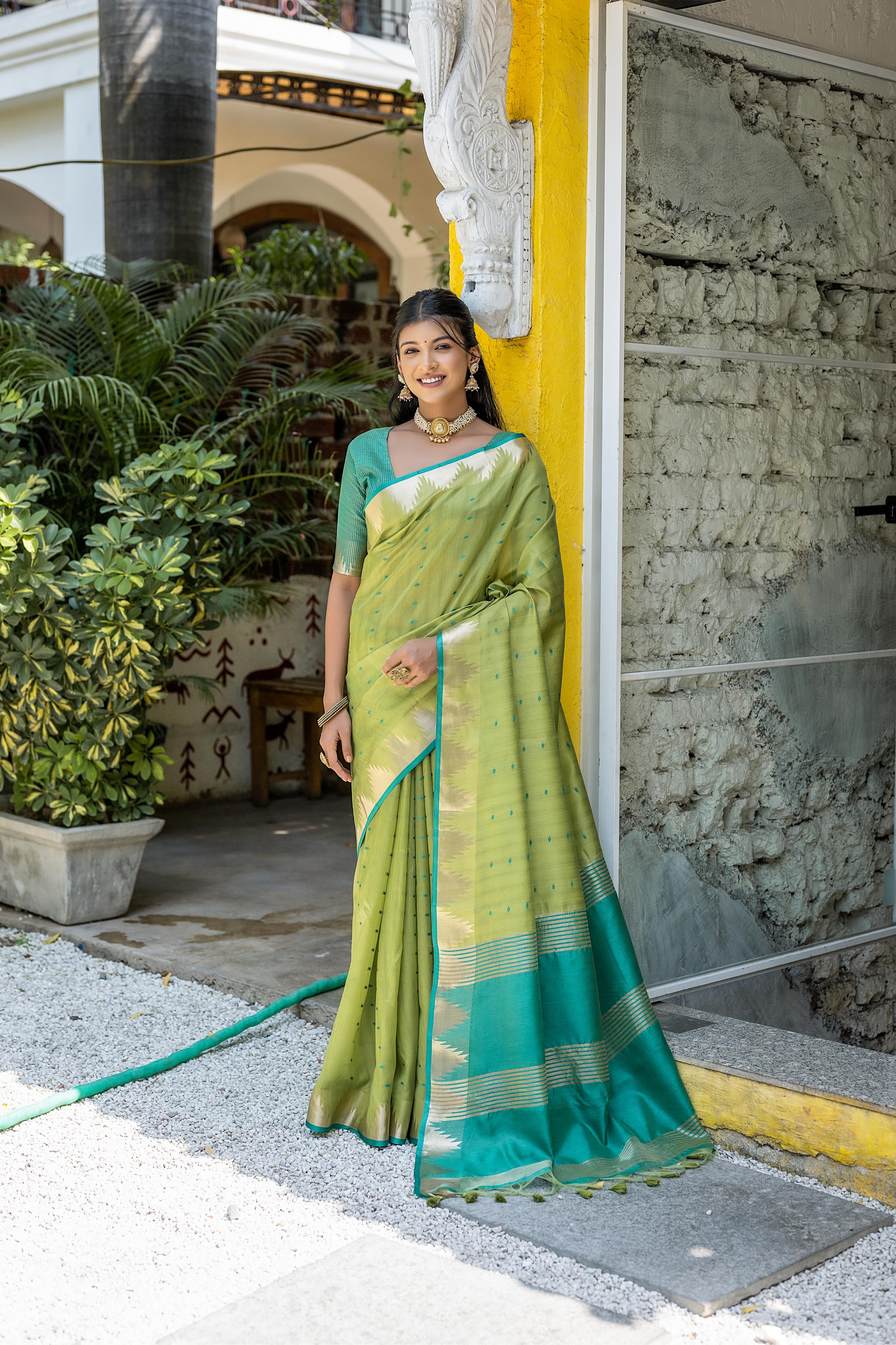 Pista Green Raw Silk Saree with Zari Woven Border