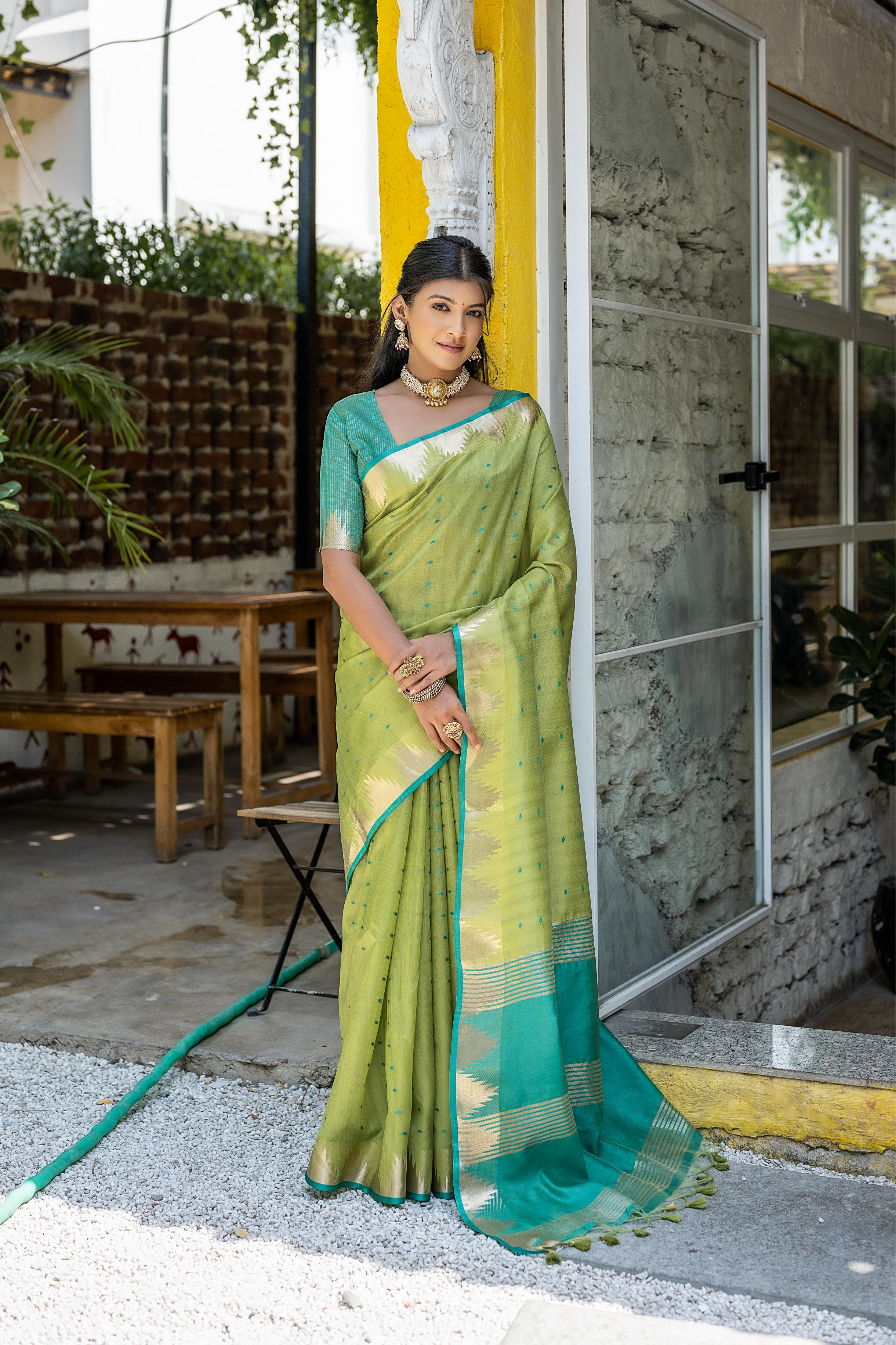 Pista Green Raw Silk Saree with Zari Woven Border