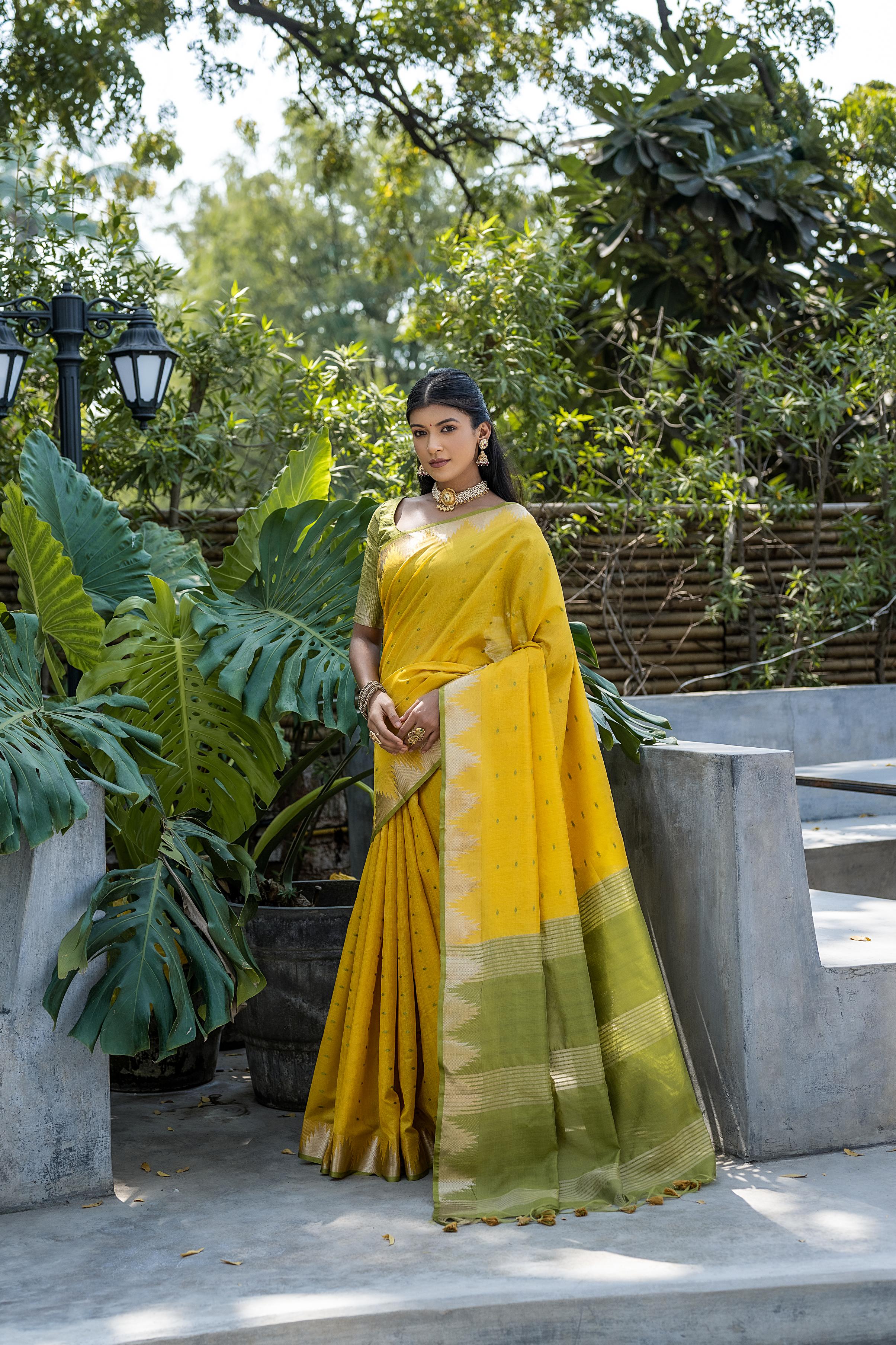 Rama Raw Silk Zari Woven Saree with Butti Weaves