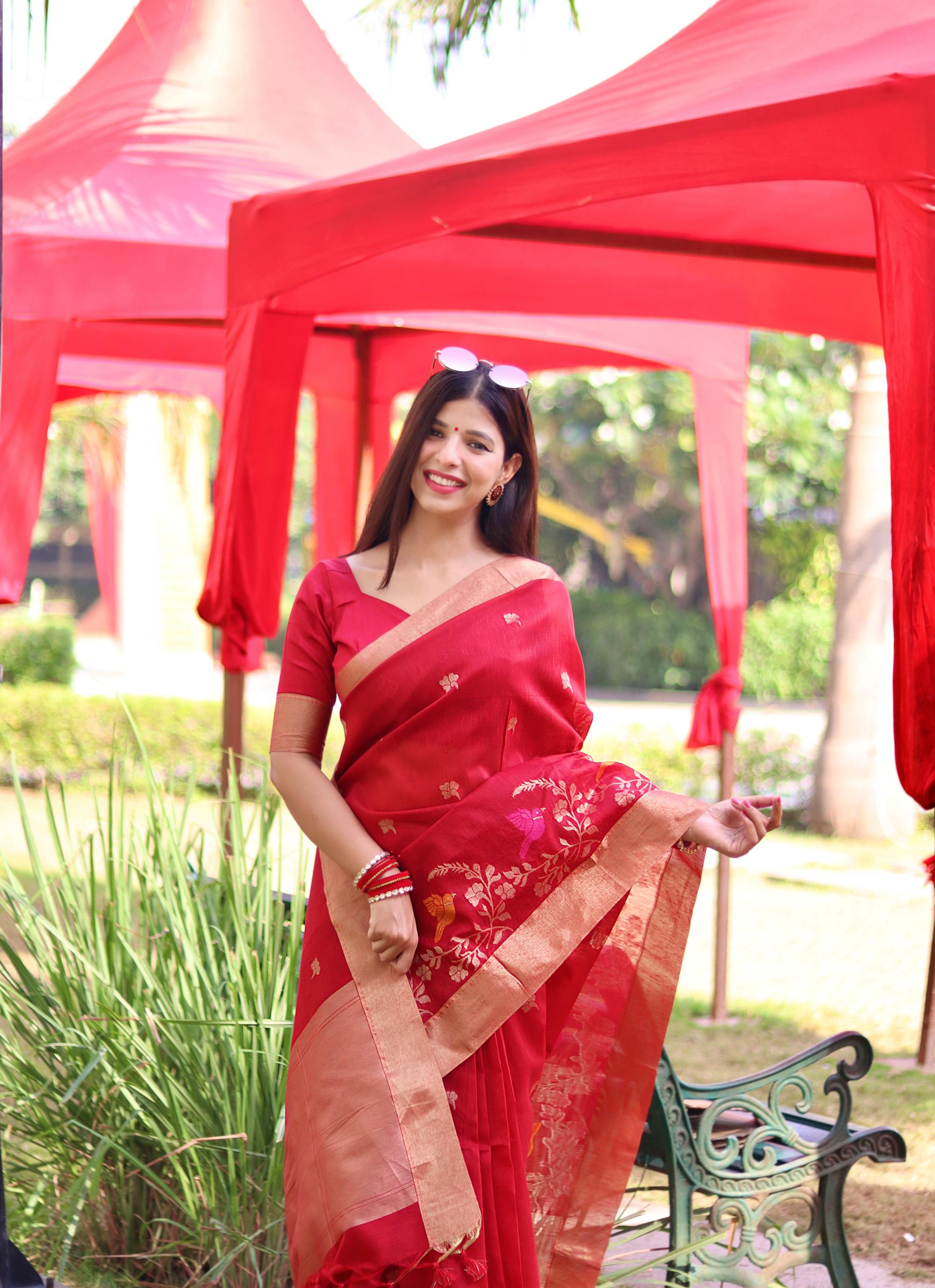 Traditional Red Linen Saree with Rich Floral Design & Contrast Border